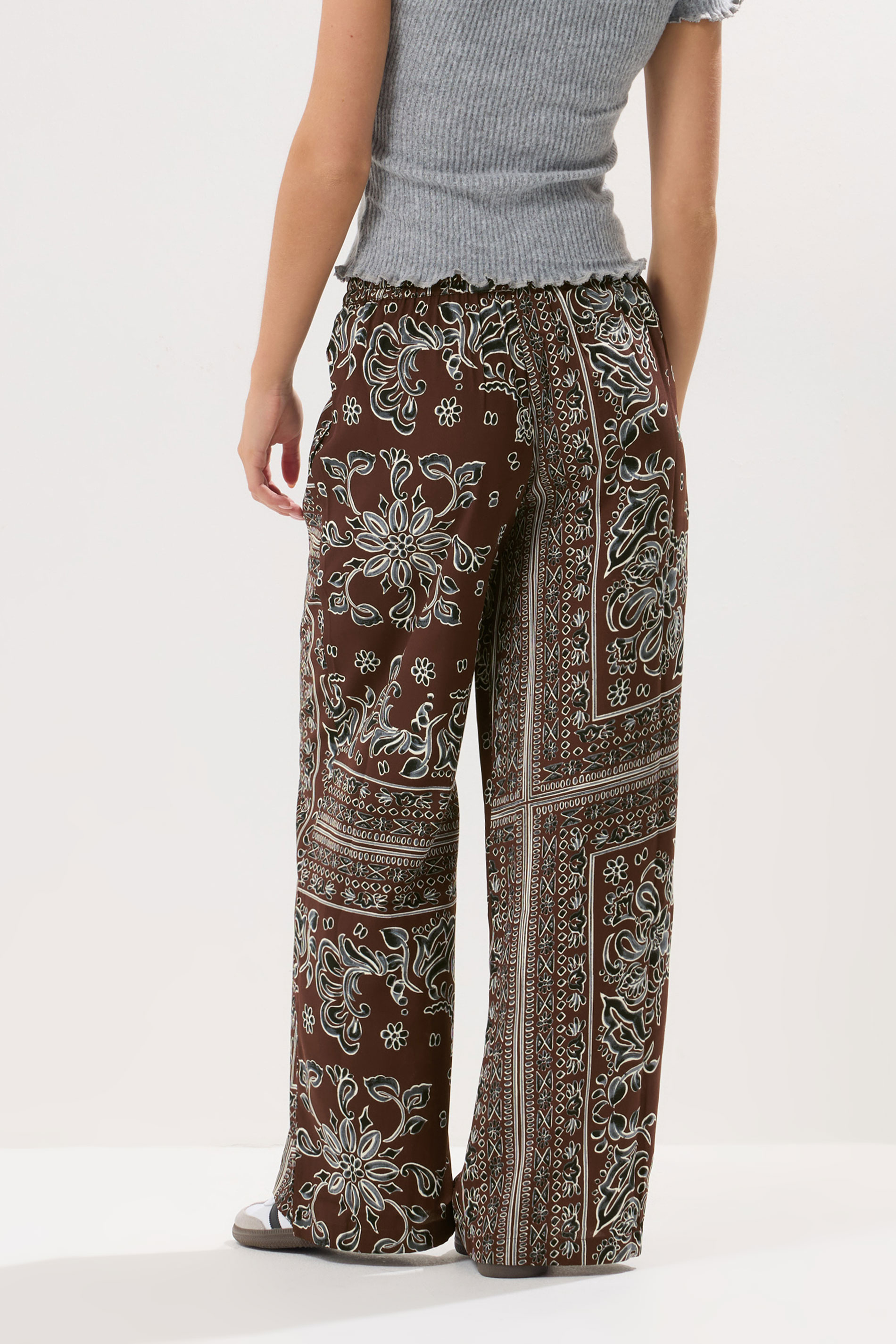 PixieGirl Petite Women's Brown Paisley Tie Waist Trousers | PixieGirl 3