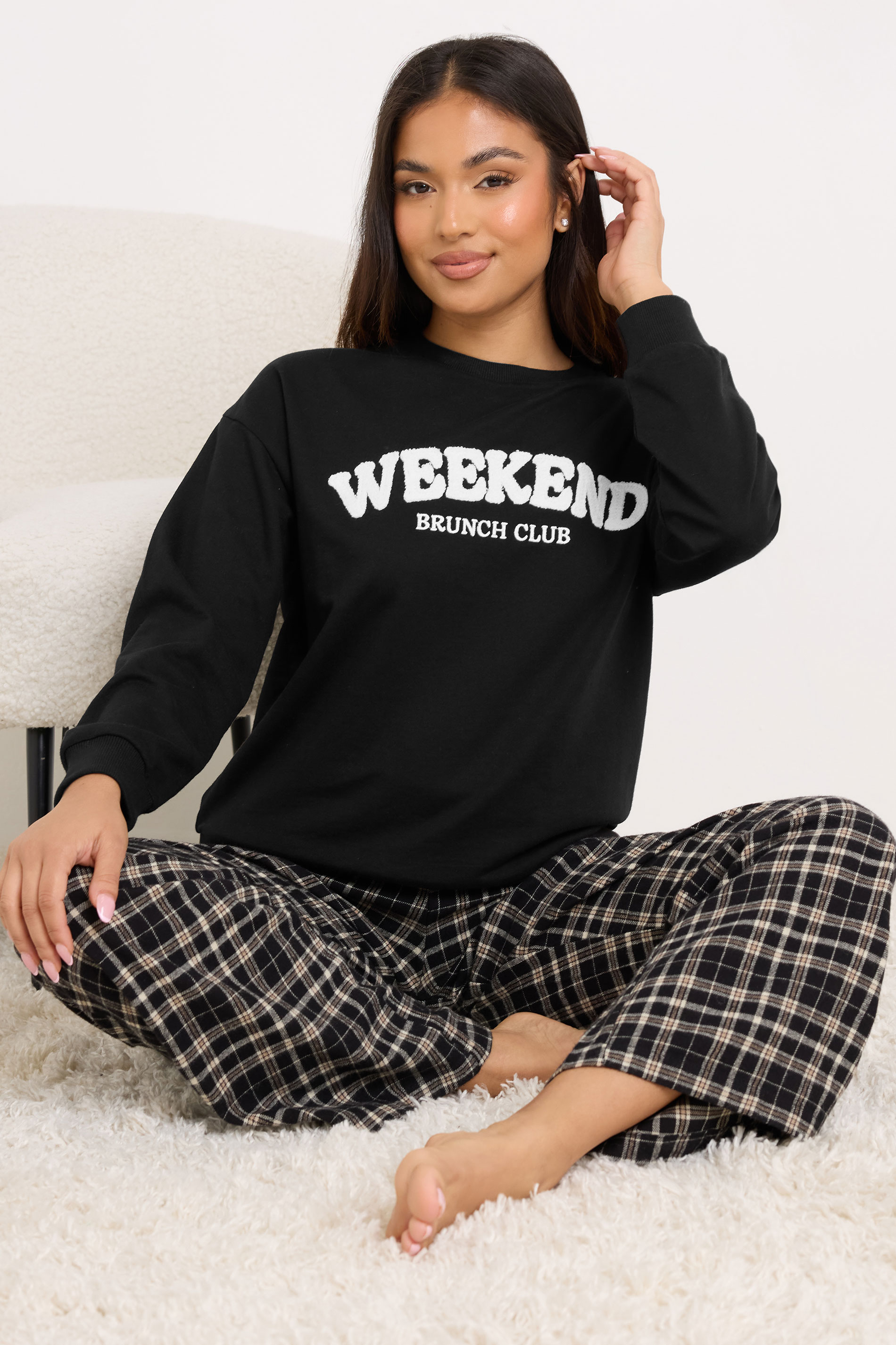 PixieGirl Petite Black 'Weekend Brunch Club' Slogan Lounge Top | PixieGirl 2