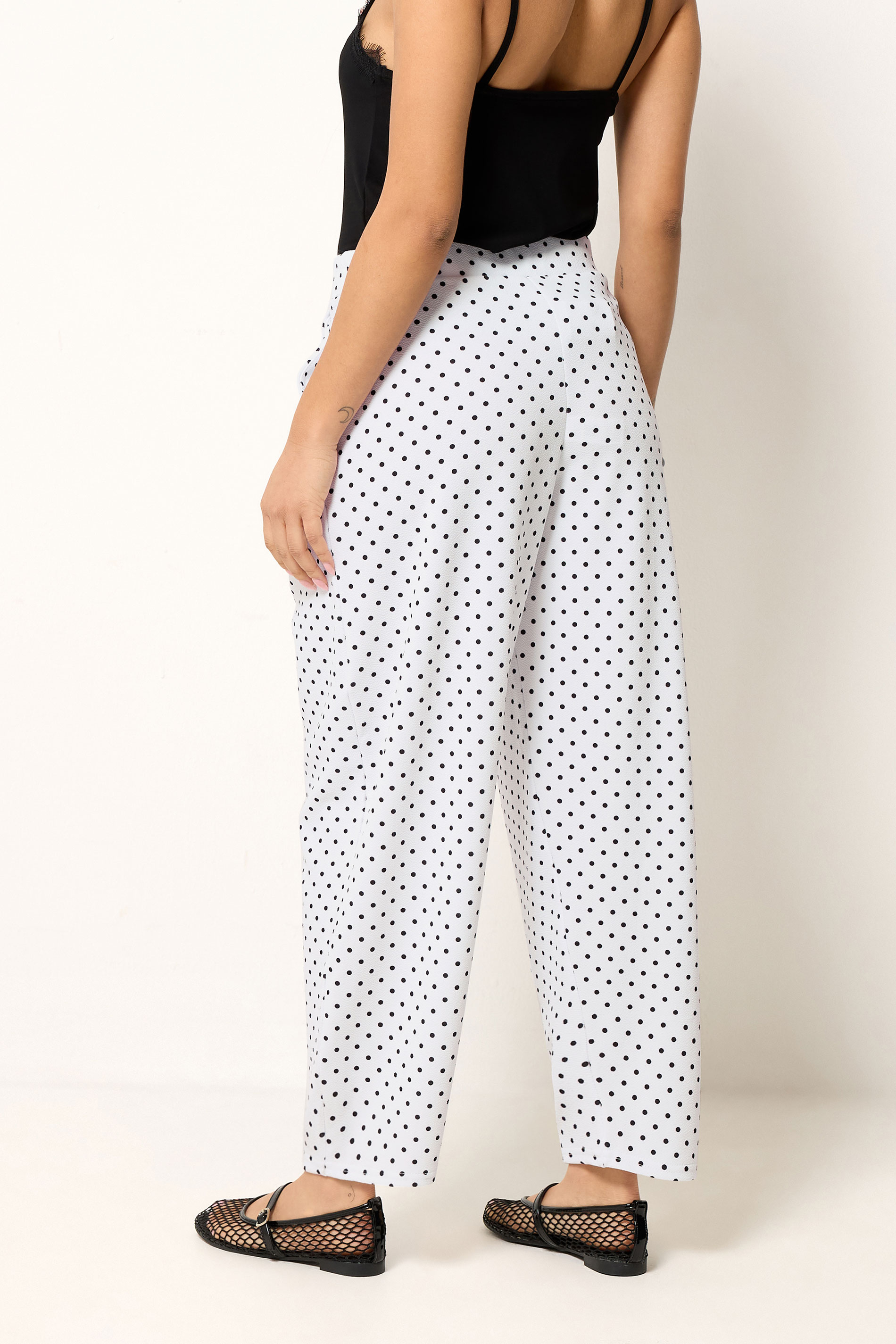 PixieGirl Petite Women's White Polka Dot Crinkle Barrel Leg Trousers | PixieGirl 6