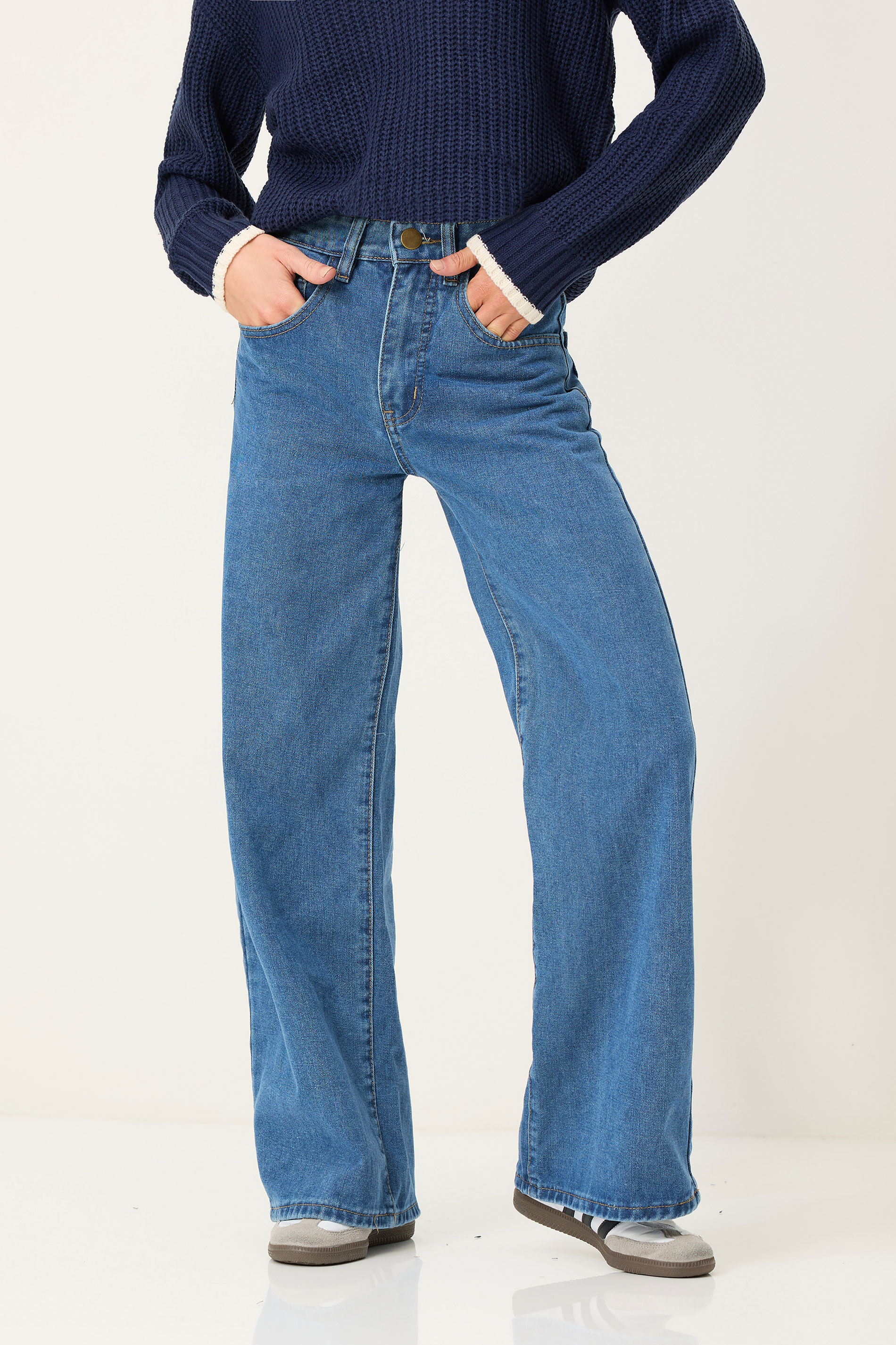 PixieGirl Mid Blue Non-Stretch Wide Leg Jeans | PixieGirl 2