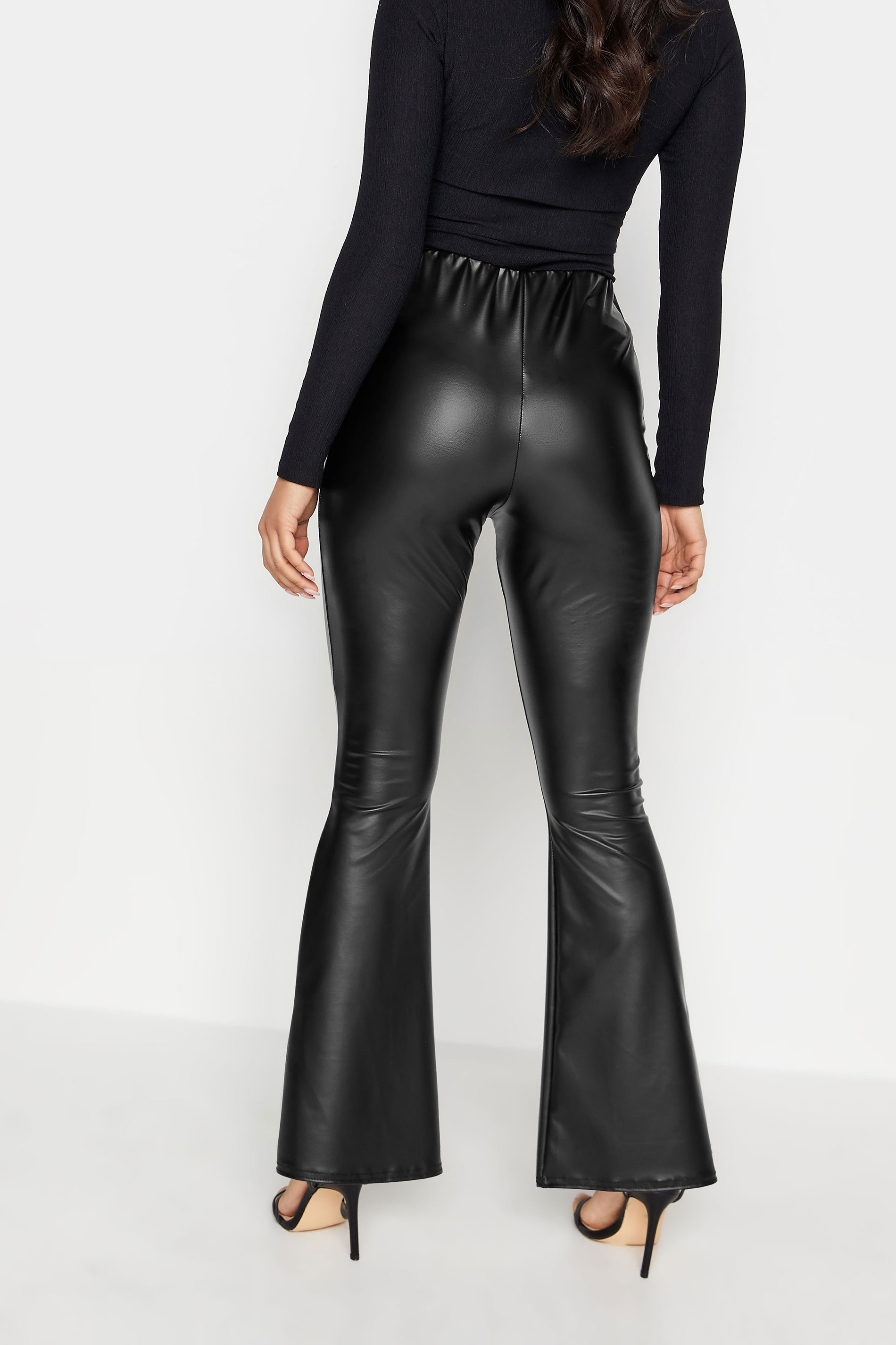 Petite Black Faux Leather Kick Flare Trousers | PixieGirl