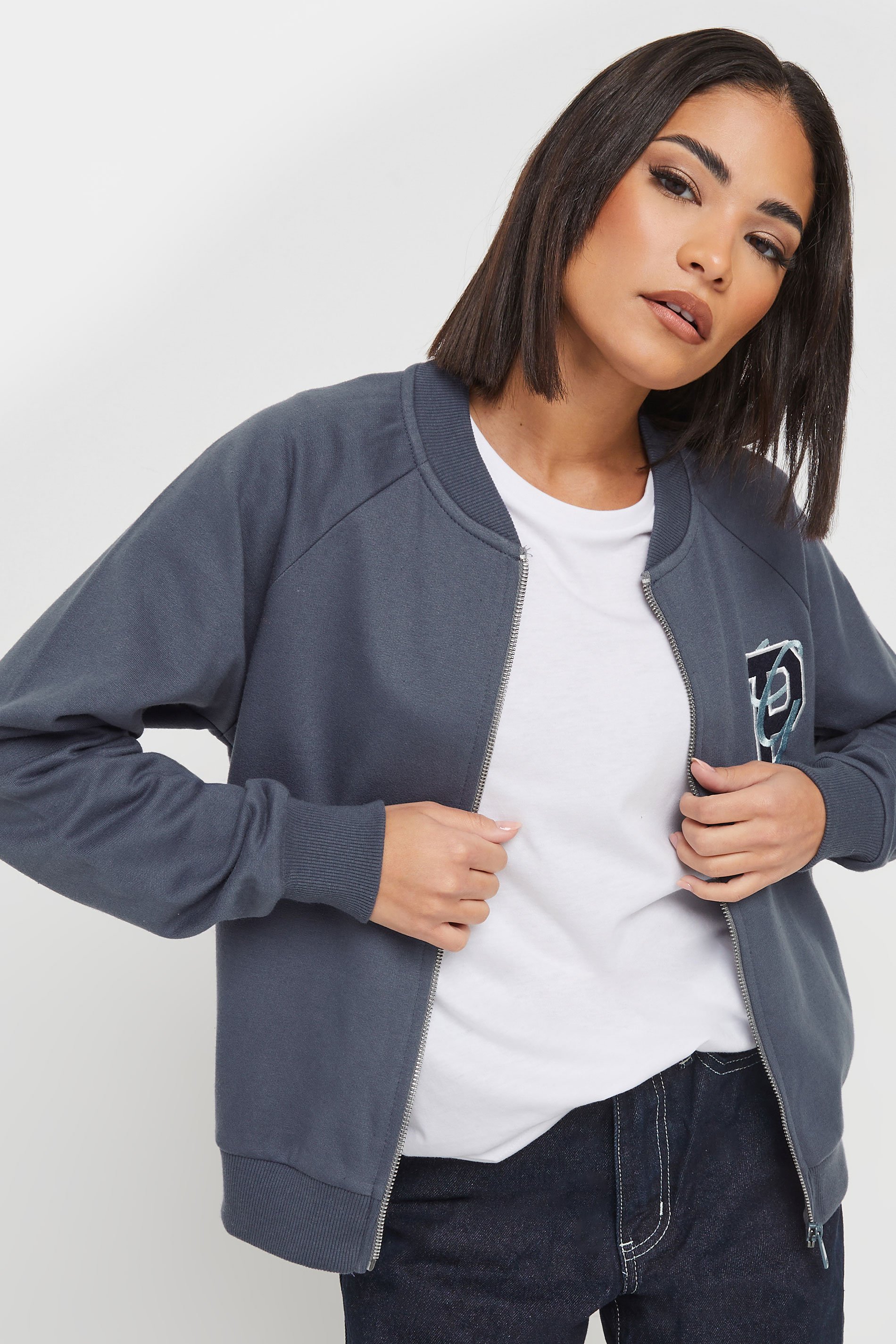 PixieGirl Petite Women's Blue Embroidered Initial Jersey Bomber Jacket | PixieGirl 1
