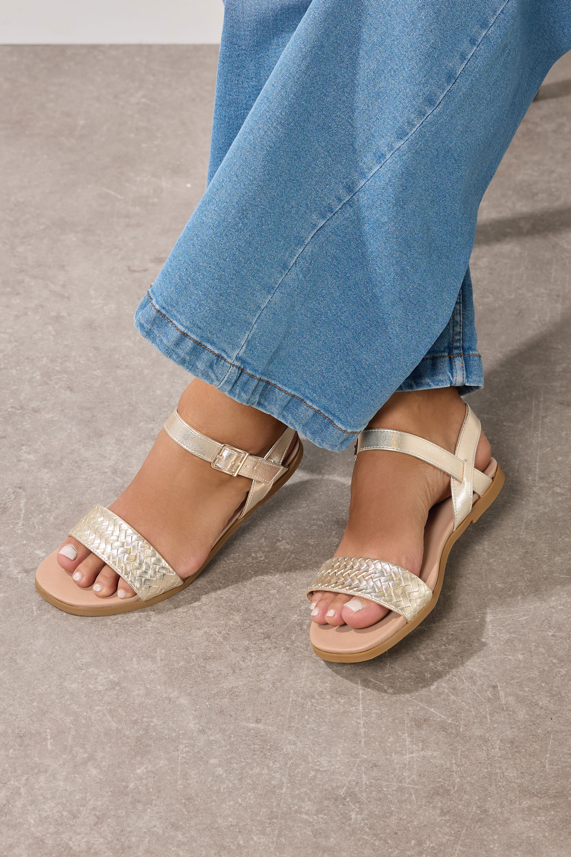Gold Faux Leather Woven Sandals In Extra Wide EEE Fit | Yours Clothing 1
