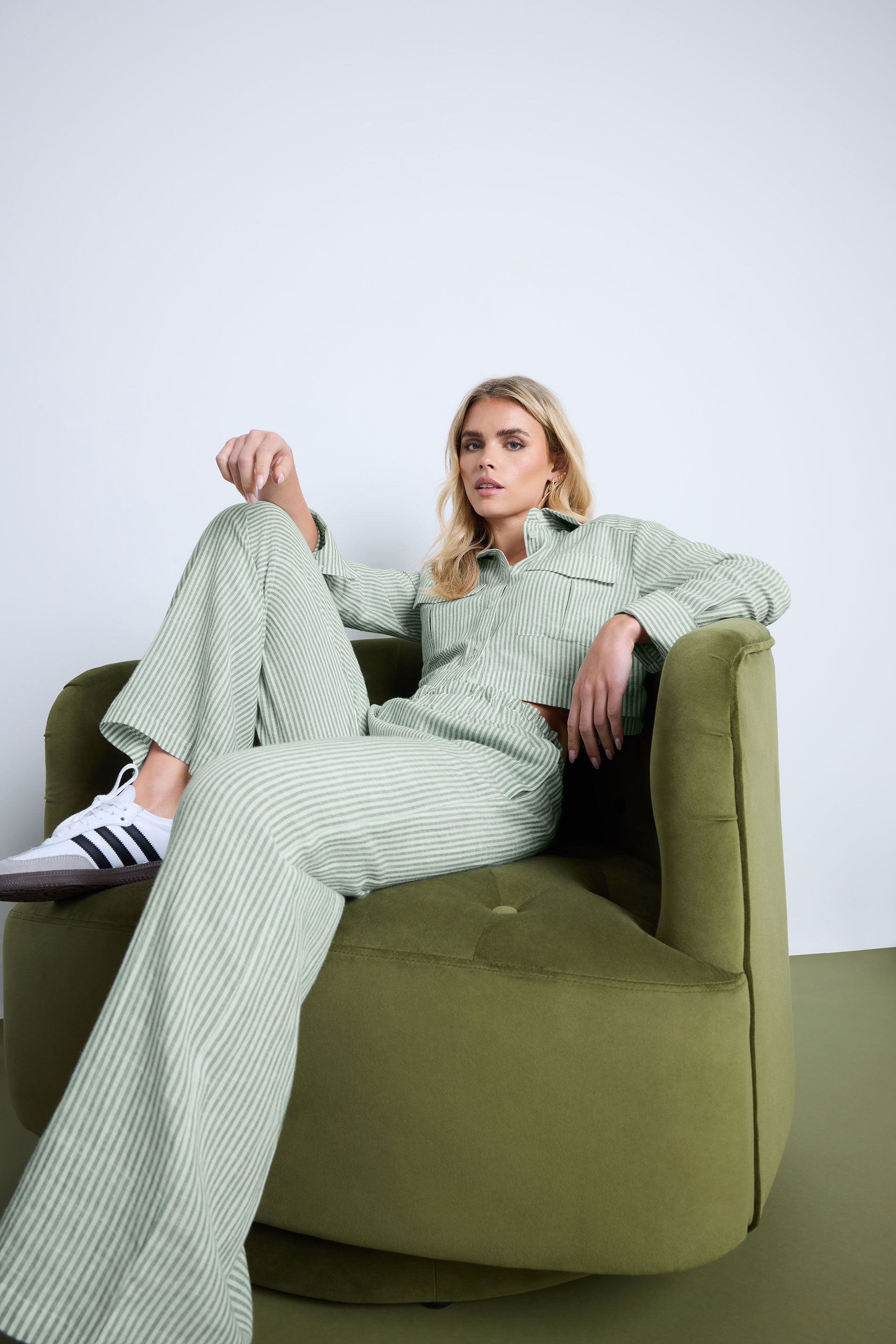 PixieGirl Petite Women's Green Linen Striped Wide Leg Trousers | PixieGirl 1