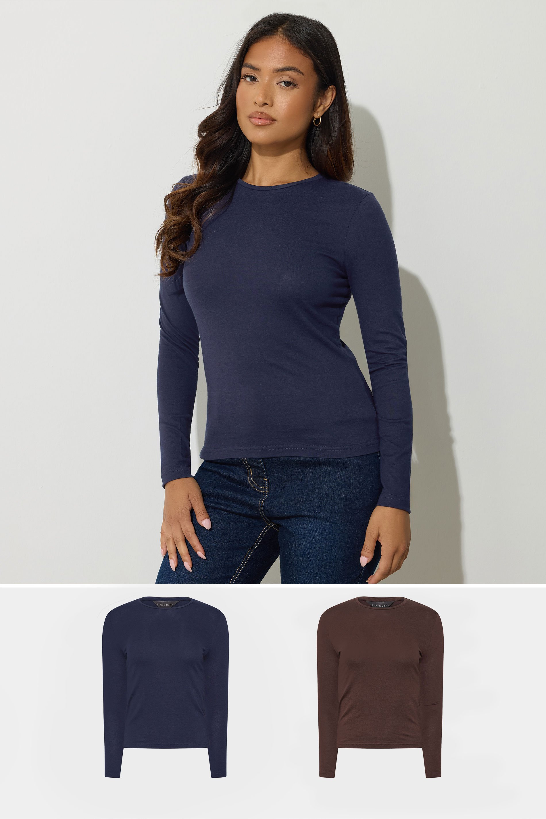 PixieGirl Petite Womens 2 PACK Chocolate Brown & Navy Blue Cotton T-Shirts | PixieGirl 1