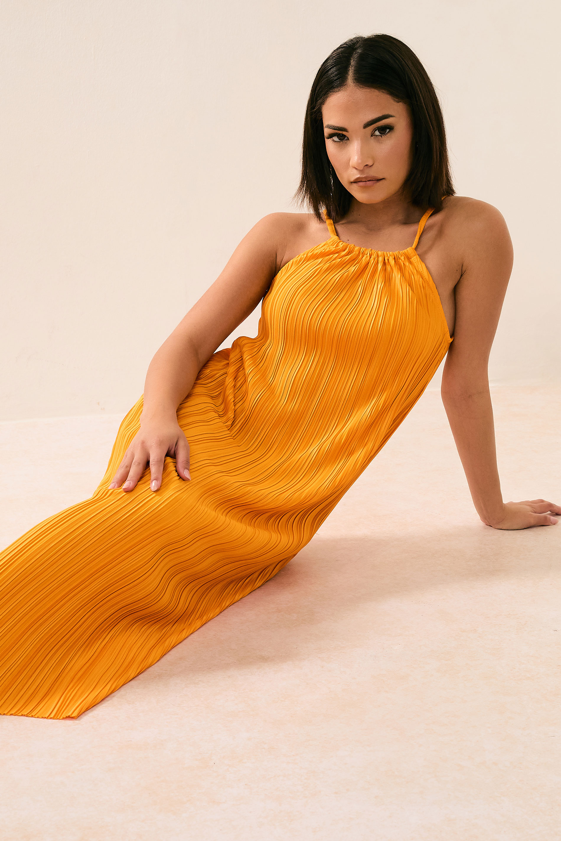 PixieGirl Petite Women's Orange Plisse Midi Dress | PixieGirl 3