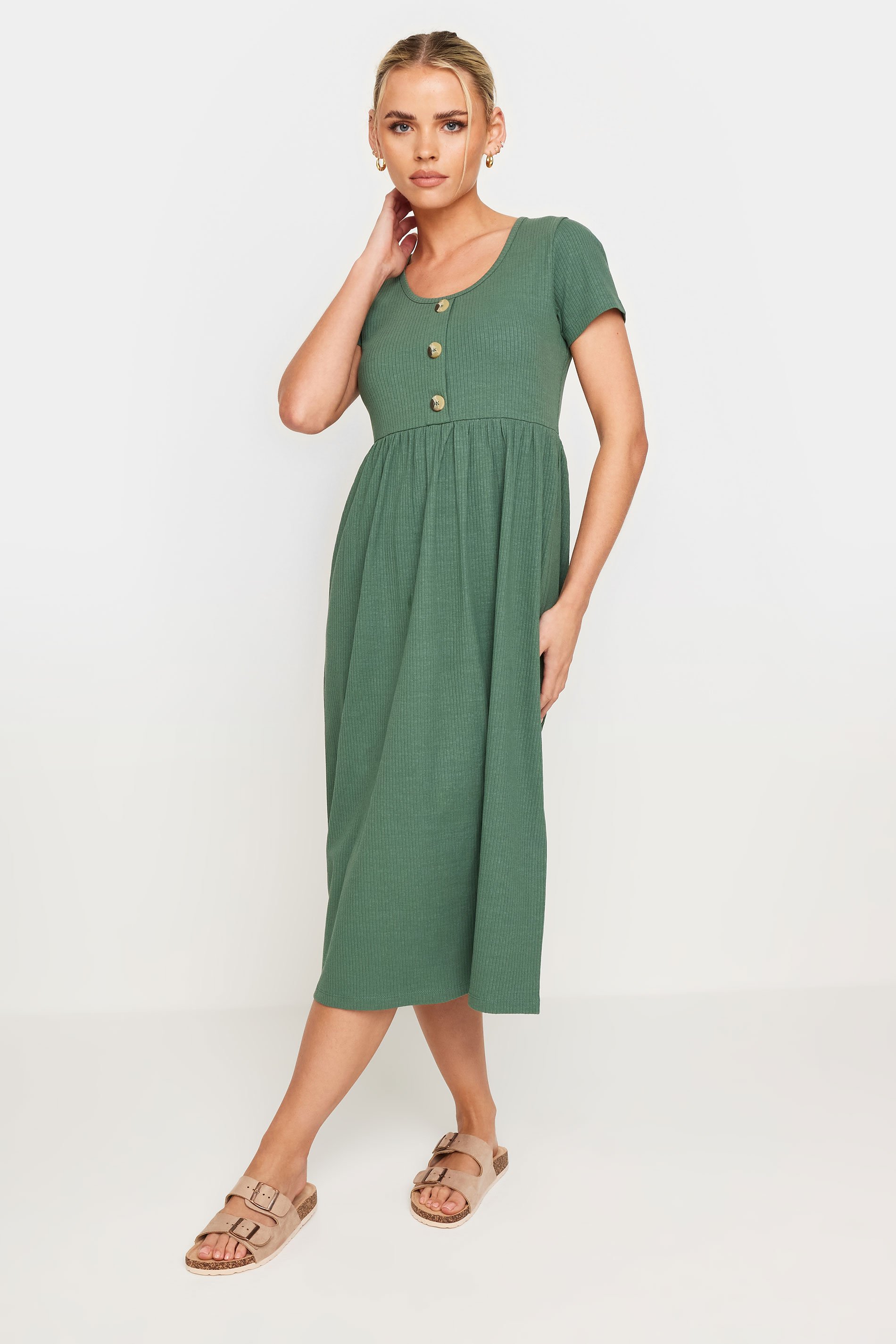 PixieGirl Petite Women's Sage Green Button Front Smock Dress | PixieGirl 1