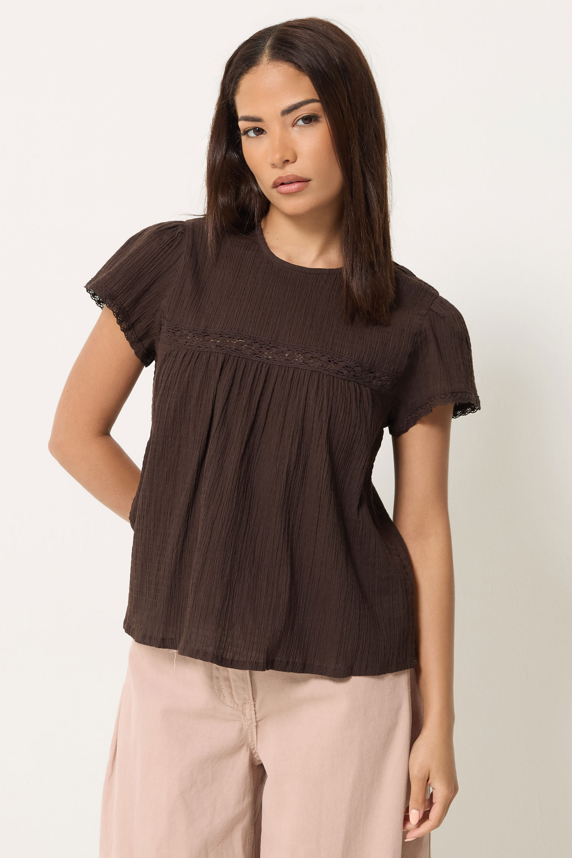 PixieGirl Petite Women's Chocolate Brown Crochet Crinkle Top | PixieGirl 3
