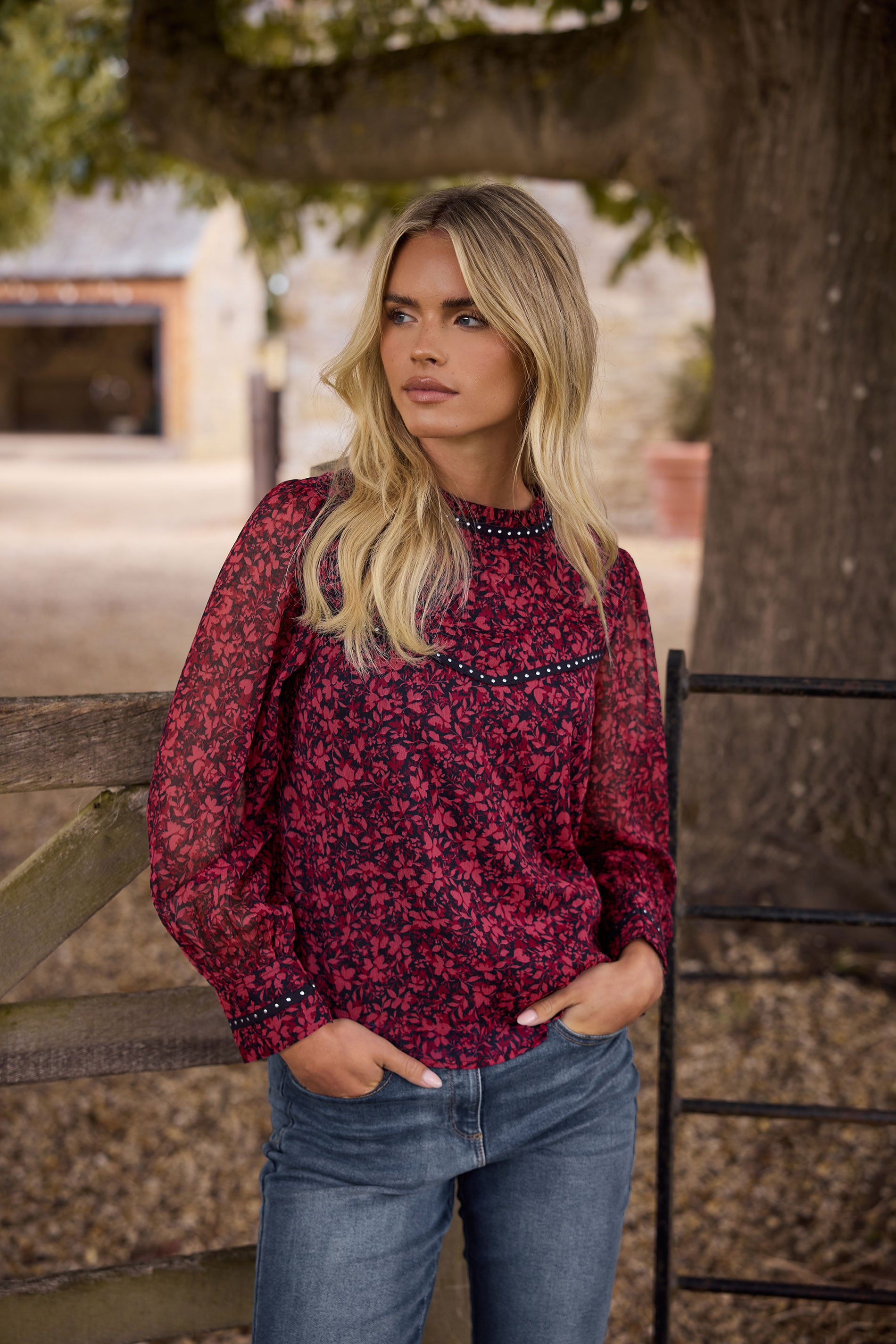 M&Co Petite Black & Berry Floral Stud Detail Blouse | M&Co 3