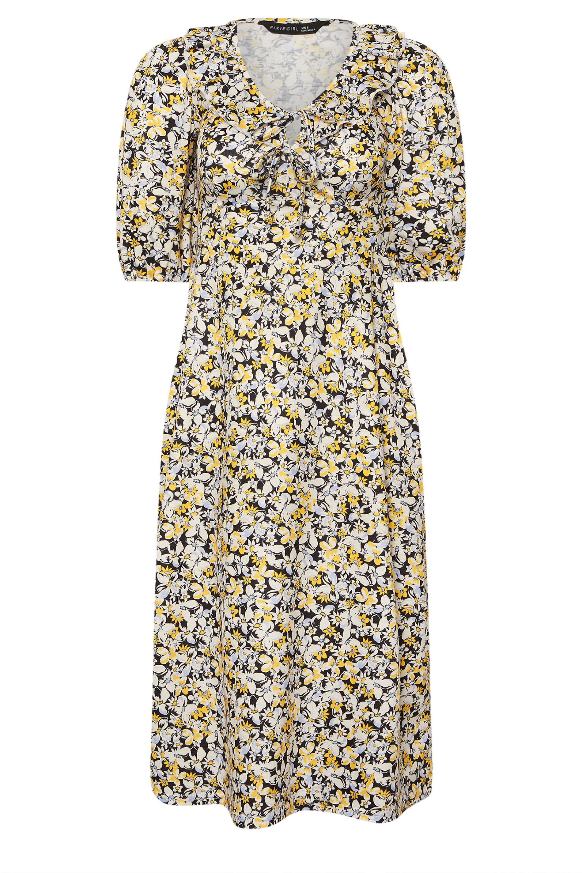 PixieGirl Petite Women's Yellow Ditsy Floral Frill Tie Midi Dress | PixieGirl 5