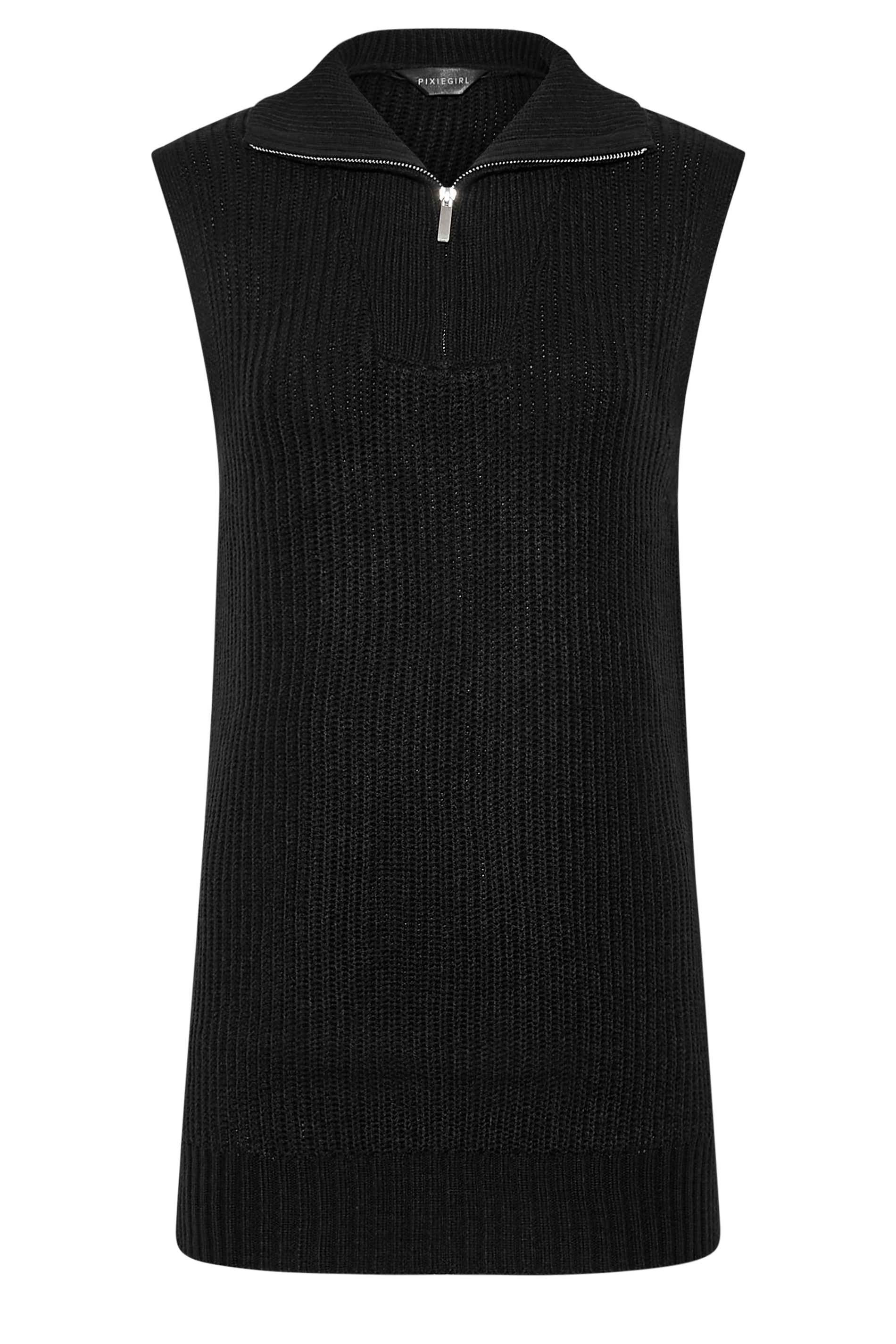 Petite Black Zip Longline Knitted Vest Top | PixieGirl