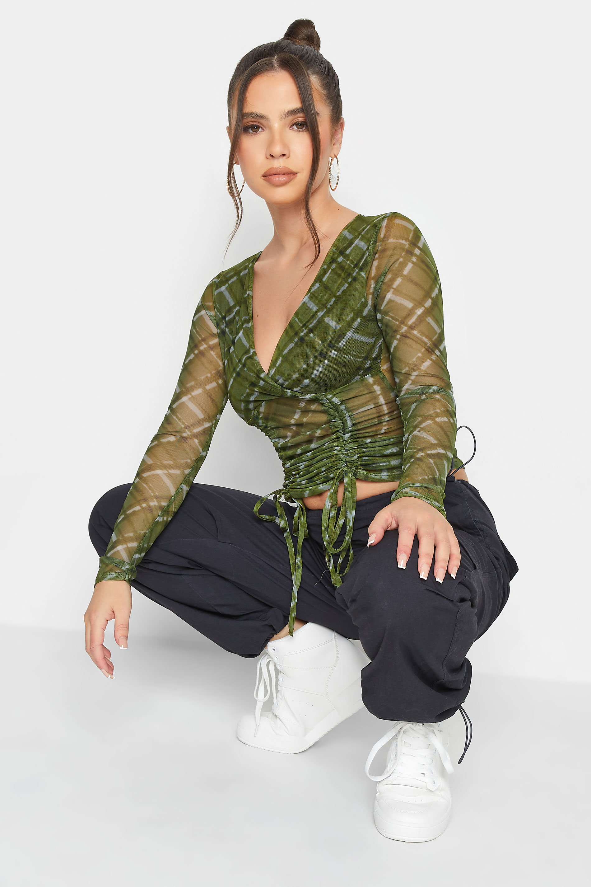 Petite Green Checked Ruched Front Wrap Top | PixieGirl  2