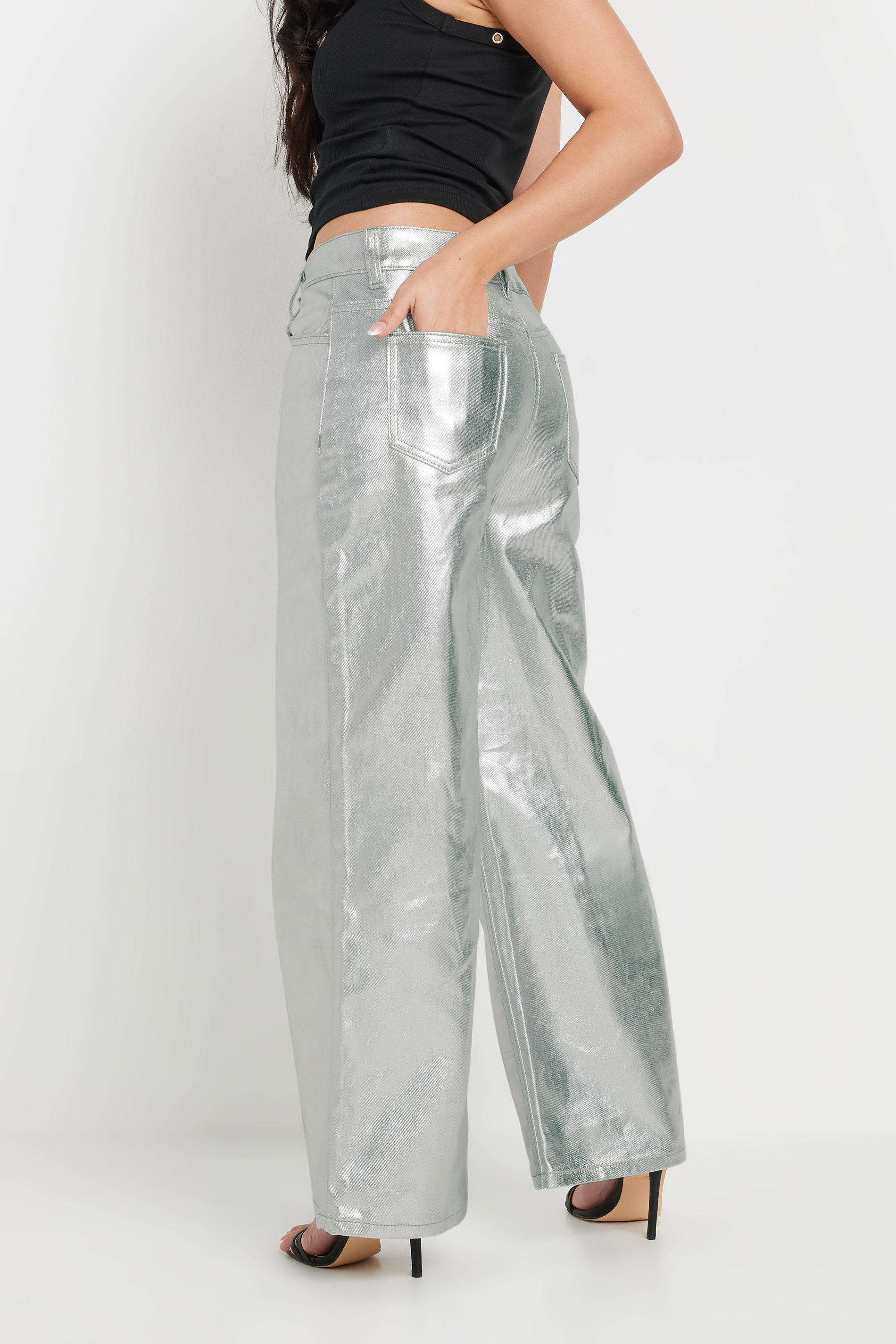 PixieGirl Petite Women's Silver Non-Stretch Metallic Wide Leg Jeans | PixieGirl 5