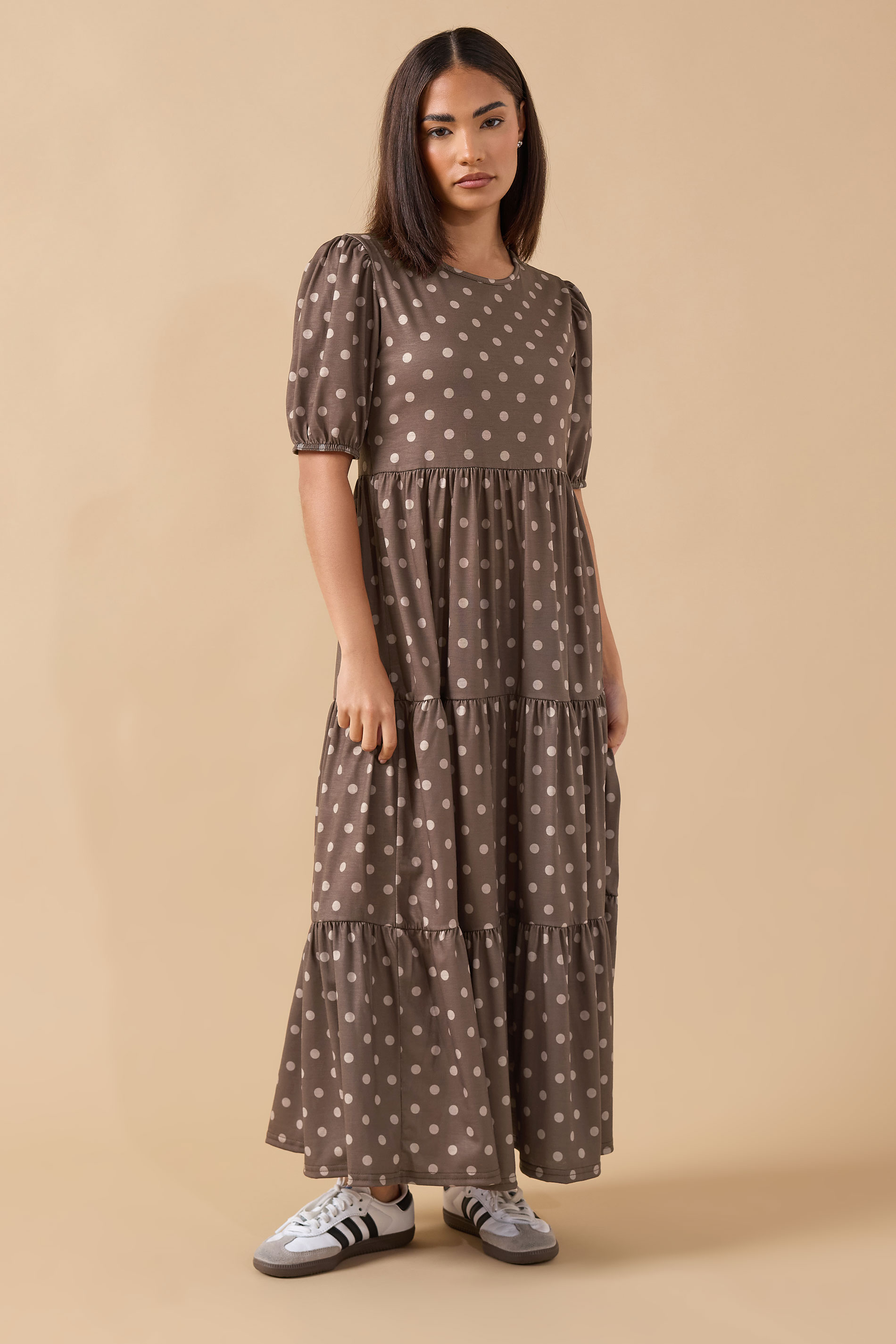 PixieGirl Petite Women's Chocolate Brown Spot Tiered Dress | PixieGirl 1