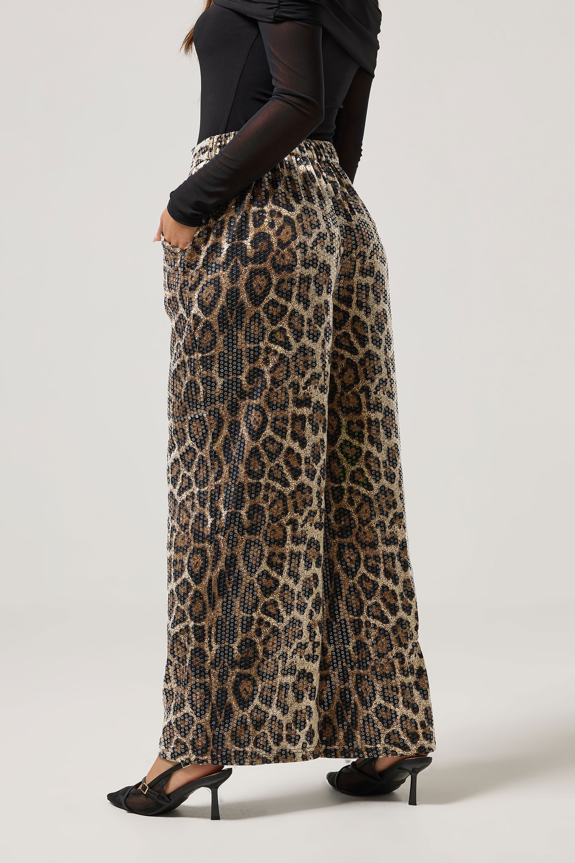 PixieGirl Petite Women's Brown Animal Sequin Wide Leg Trousers | PixieGirl 4