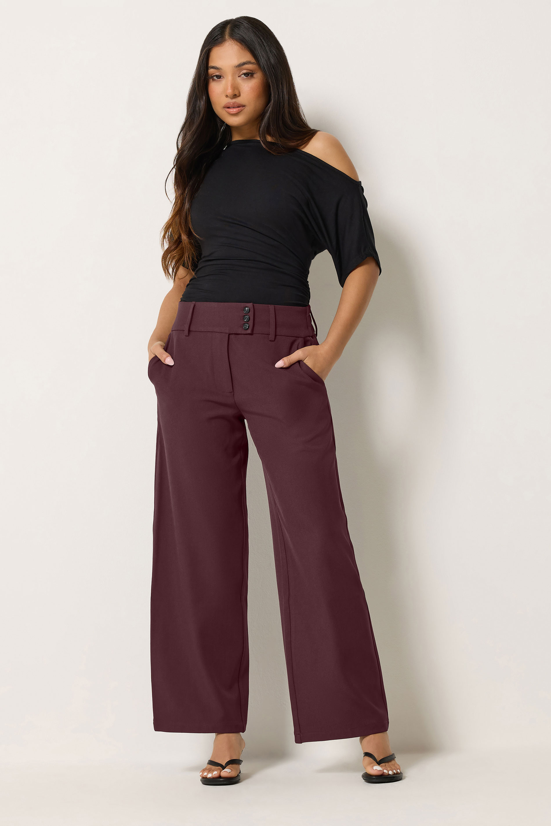 Pixiegirl Women's Red Petite Burgundy Button Tab Detail Wide Leg Trousers Size 10