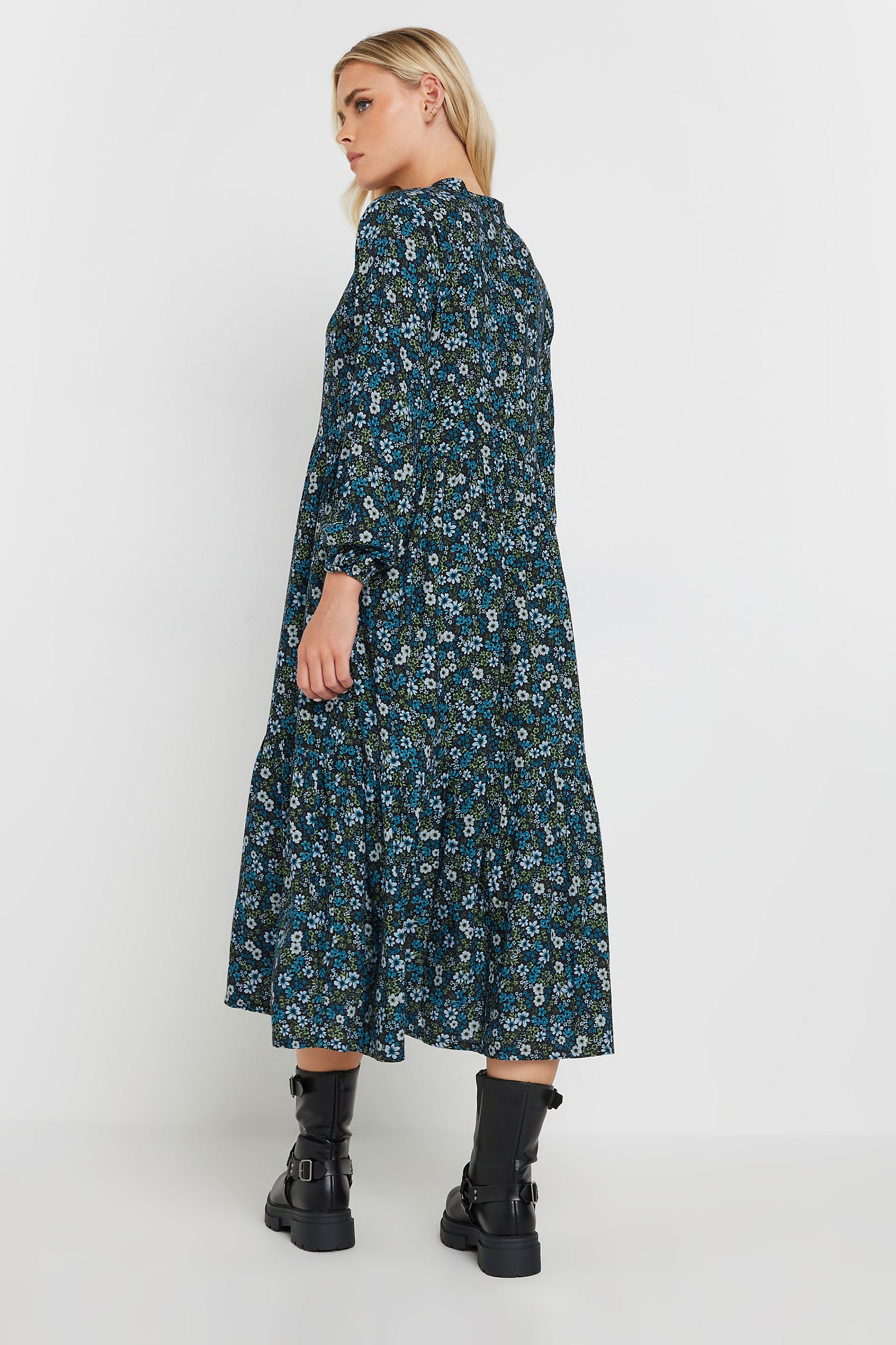 PixieGirl Petite Women's Blue Ditsy Floral Tie Neck Dress | PixieGirl 3