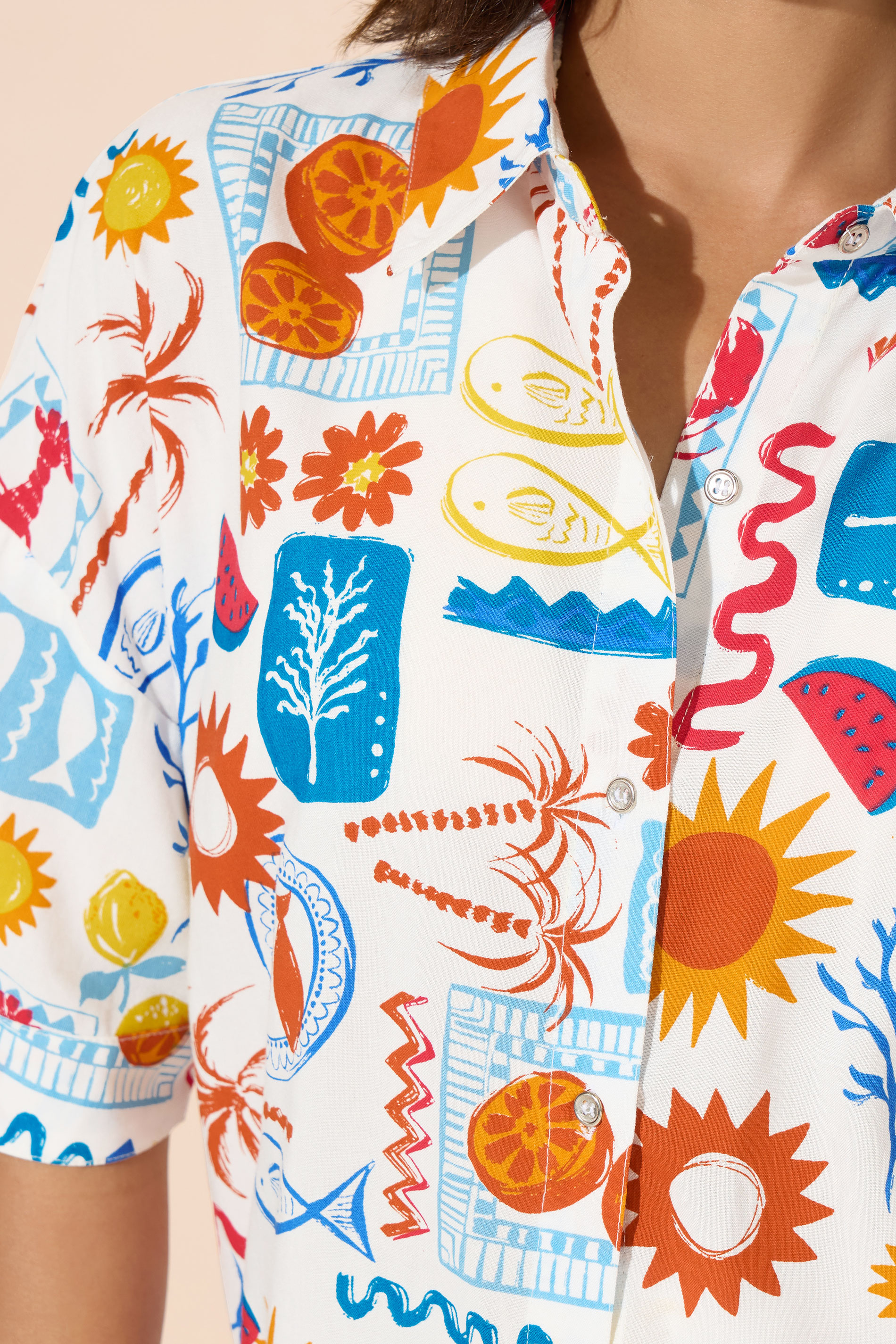 PixieGirl Petite Women's White Postcard Graphic Short Sleeve Shirt | PixieGirl 5