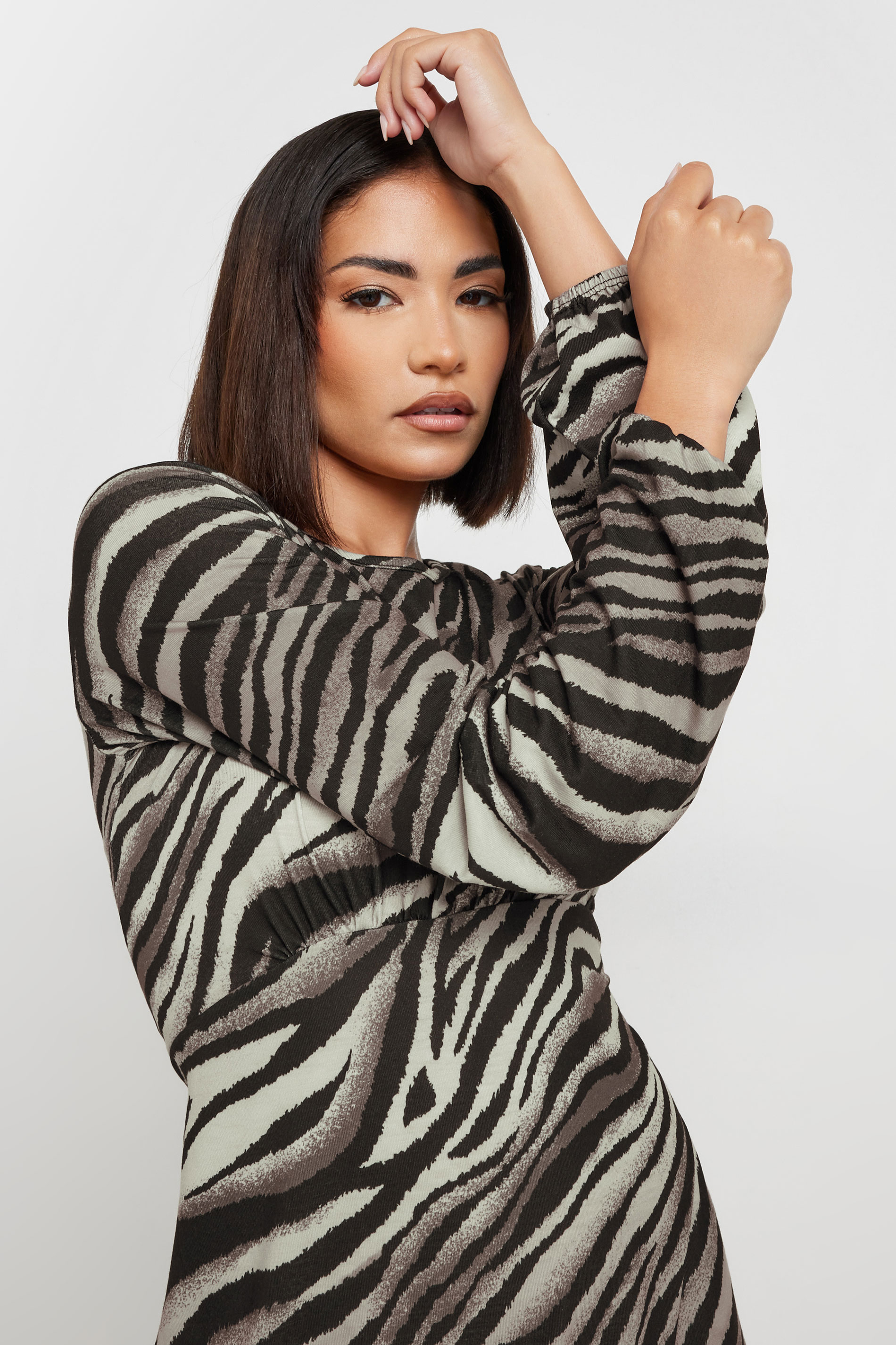 PixieGirl Petite Women's Brown Zebra Print Long Sleeve Midi Dress | PixieGirl 4