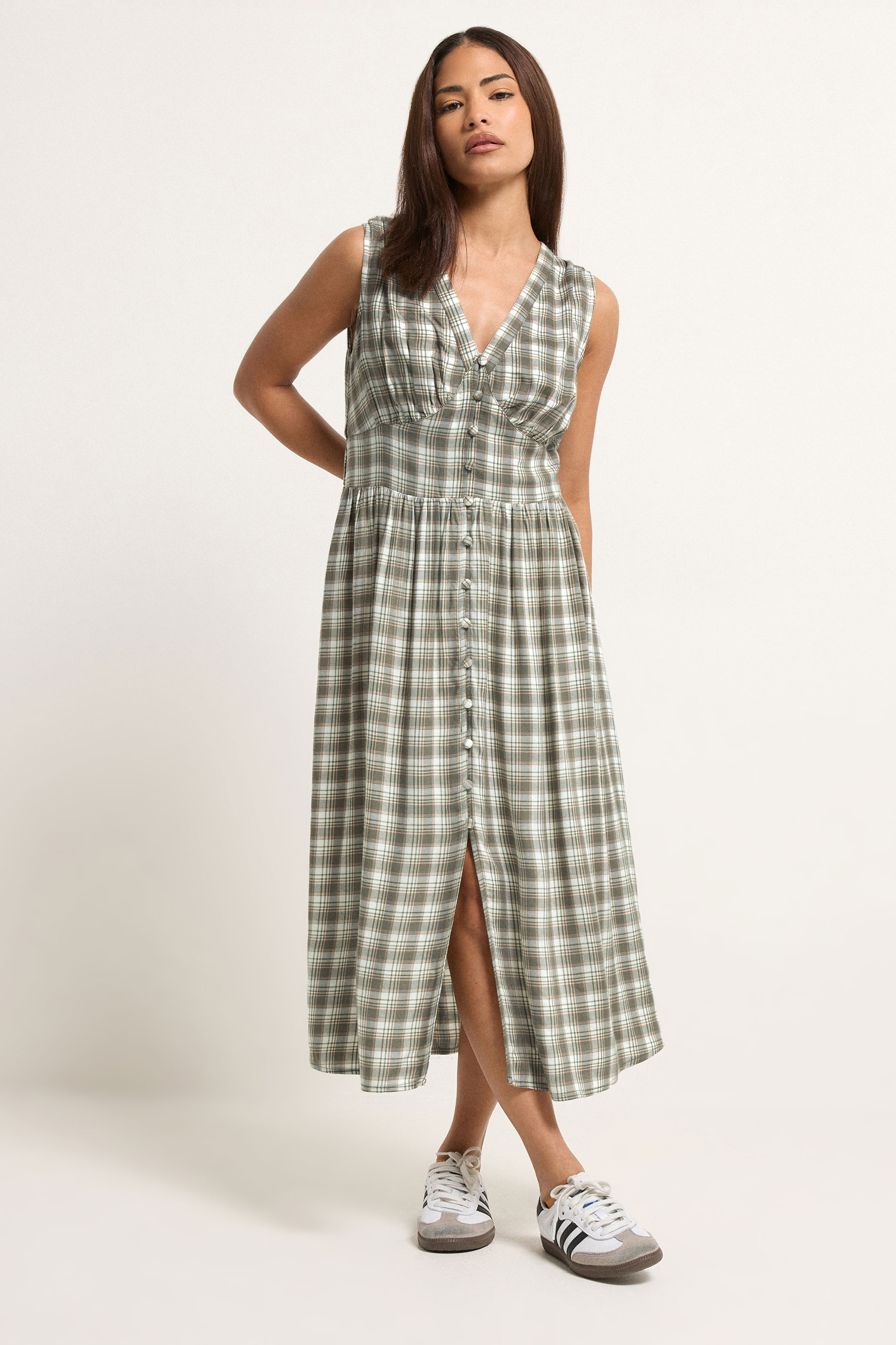 PixieGirl Petite Women's Green Check Button Midi Dress | PixieGirl