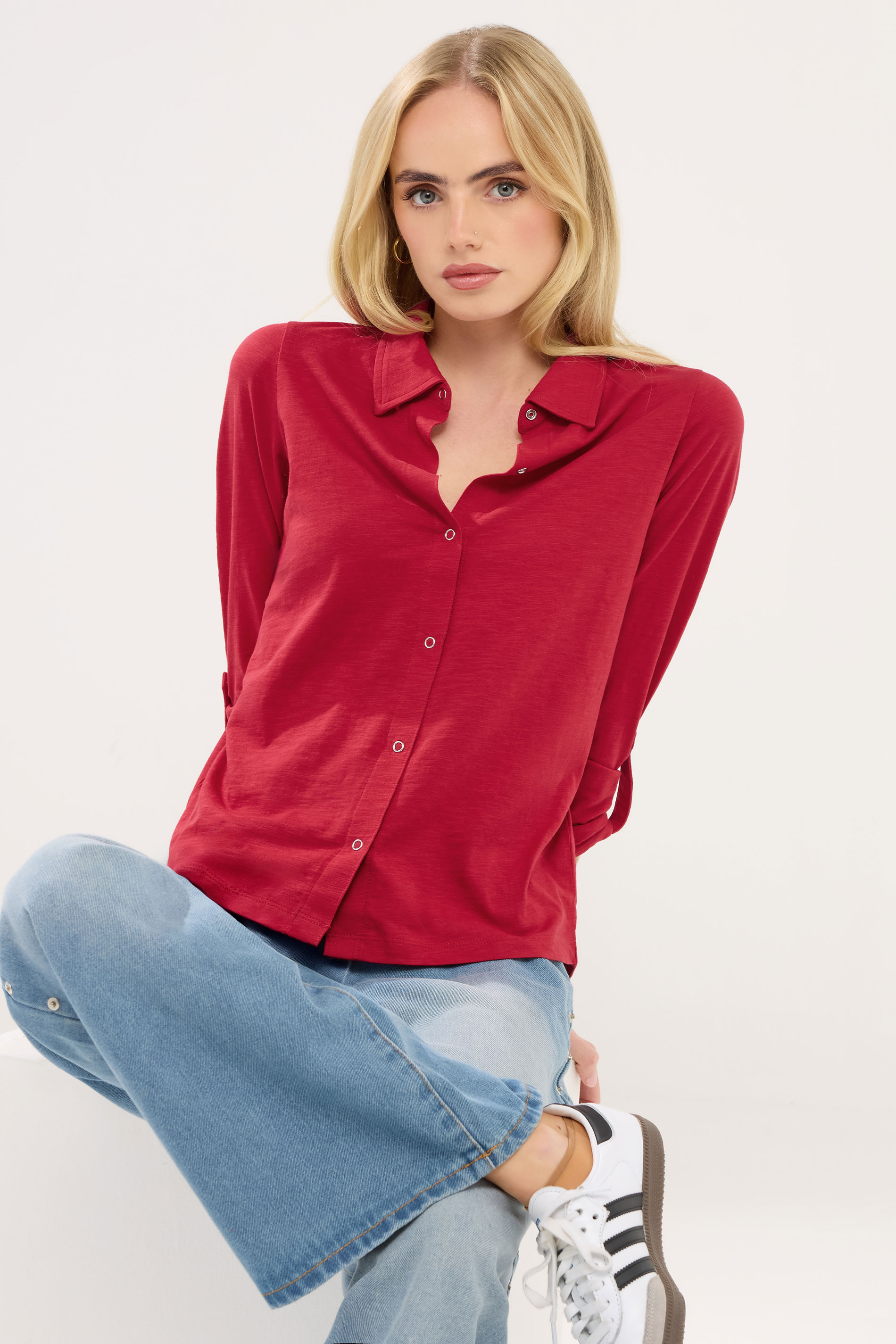 PixieGirl Petite Women's Red Rolled Sleeve Shirt | PixieGirl 1