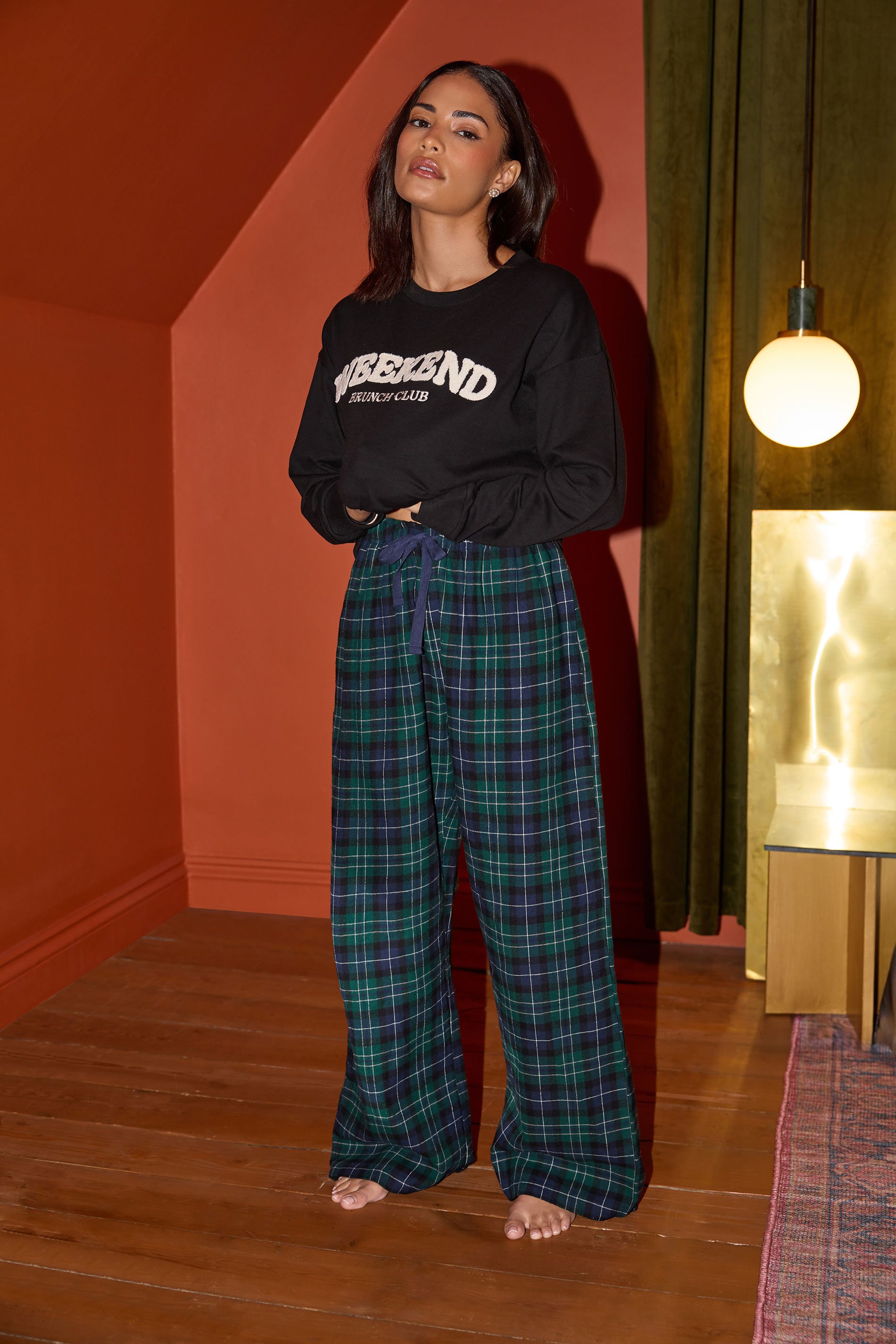 PixieGirl Petite Women's Navy Blue Cotton Check Pyjama Bottoms | PixieGirl 1