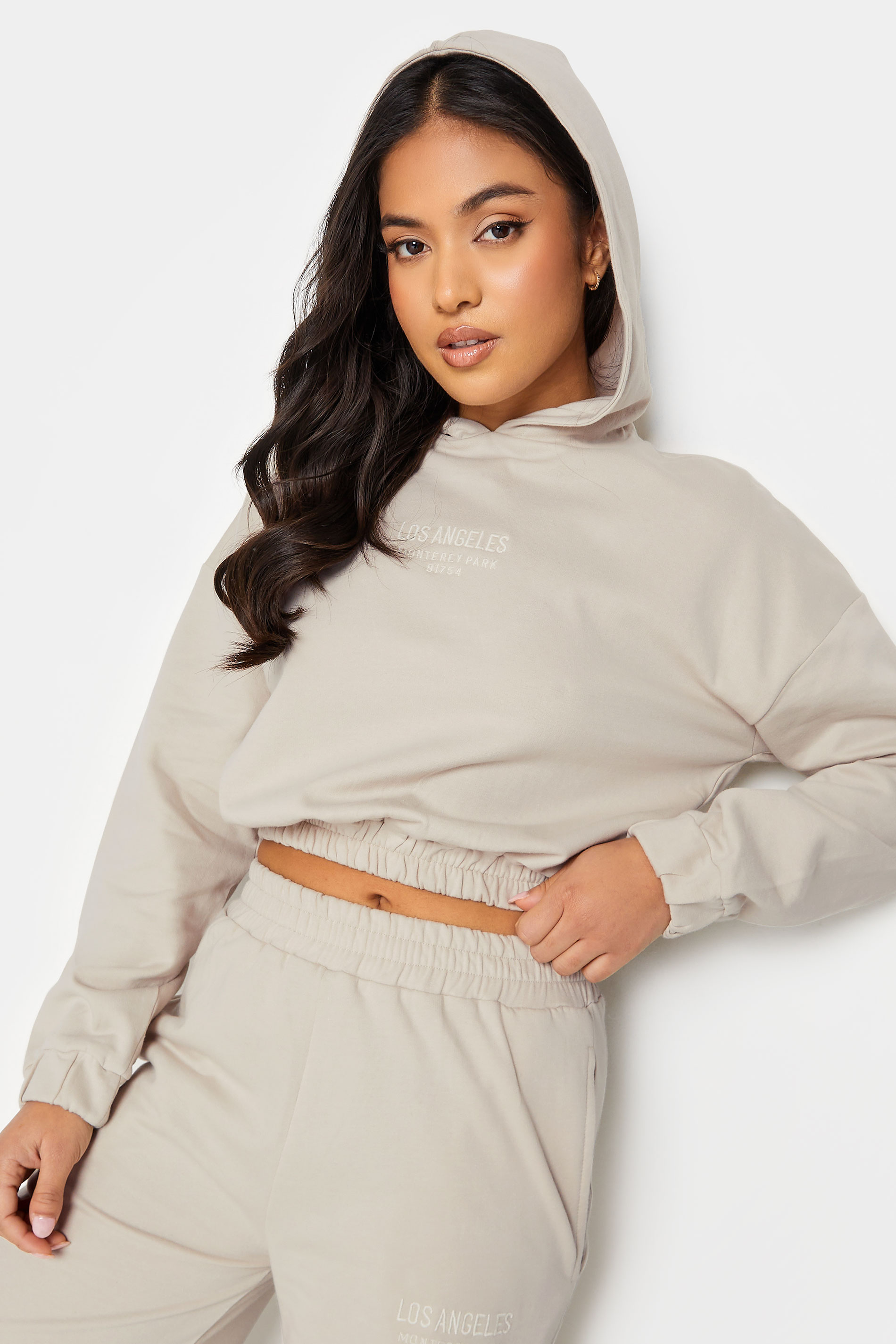PixieGirl Petite Womens Beige Brown 'Los Angeles' Slogan Cropped Hoodie | PixieGirl  4