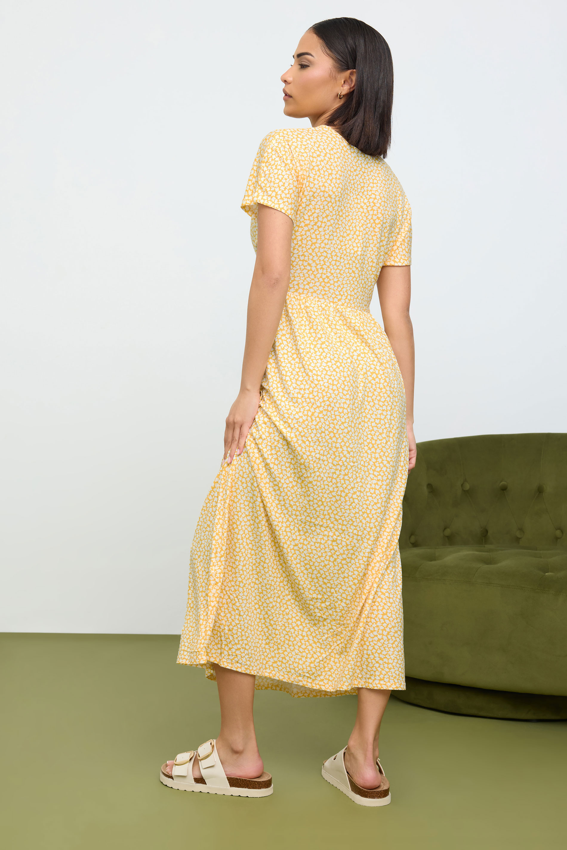 PixieGirl Petite Women's Yellow Ditsy Floral Print Midi Smock Dress | PixieGirl 3