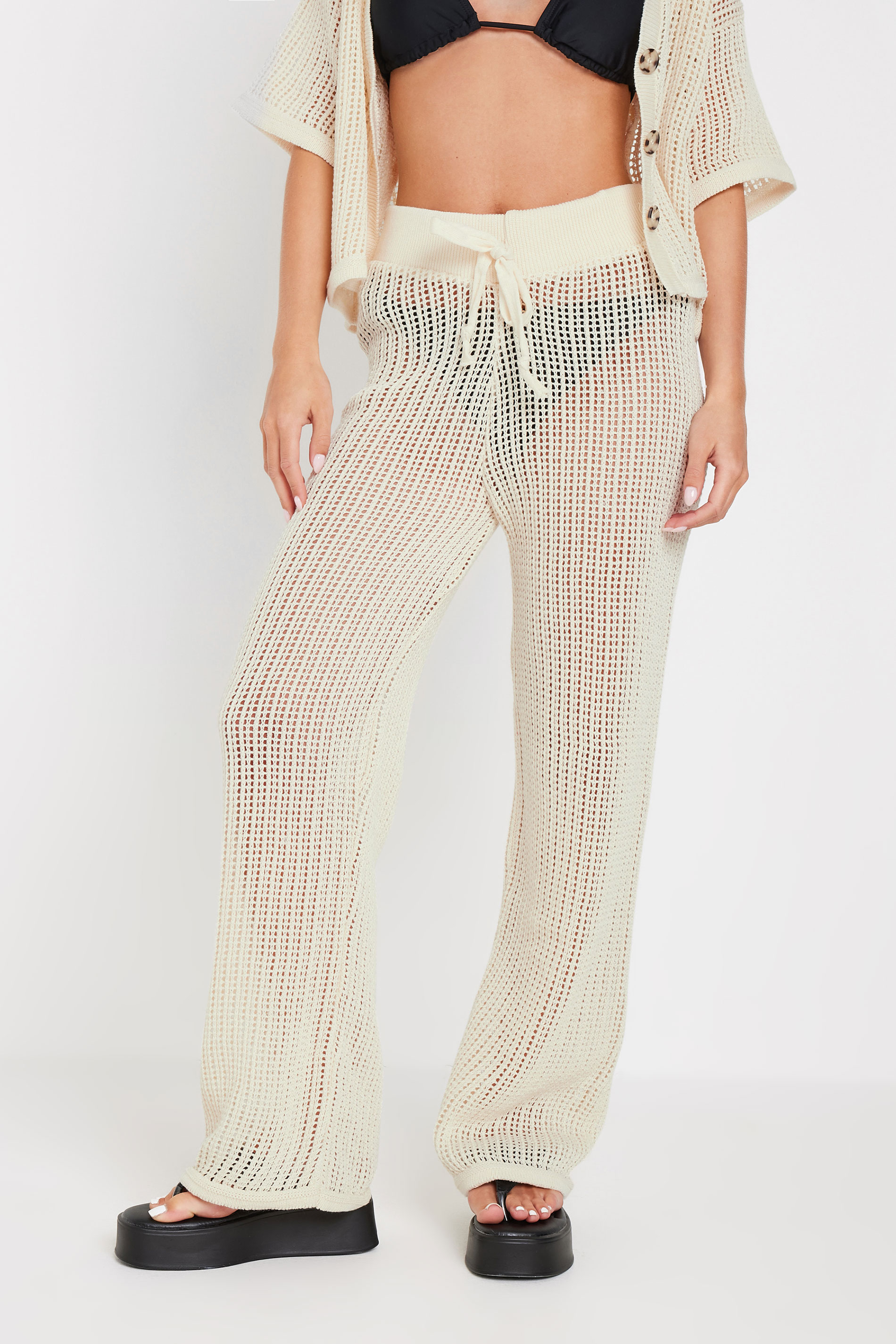 PixieGirl Petite Women's Cream Crochet Wide Leg Trousers | PixieGirl 2