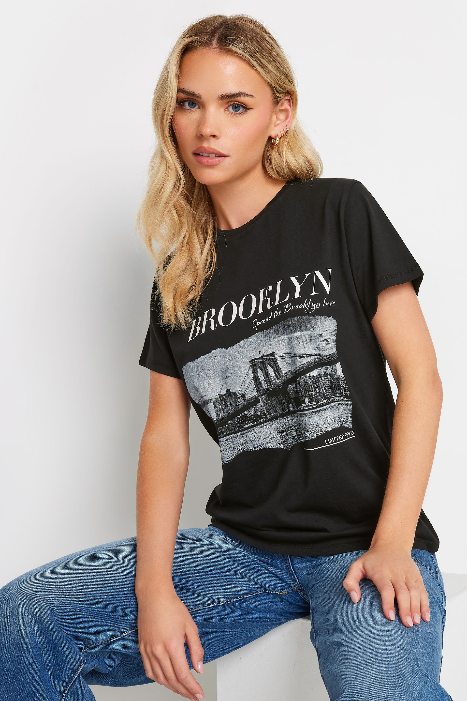 PixieGirl Petite Women's Black 'Brooklyn' Slogan Printed T-Shirt | PixieGirl 1