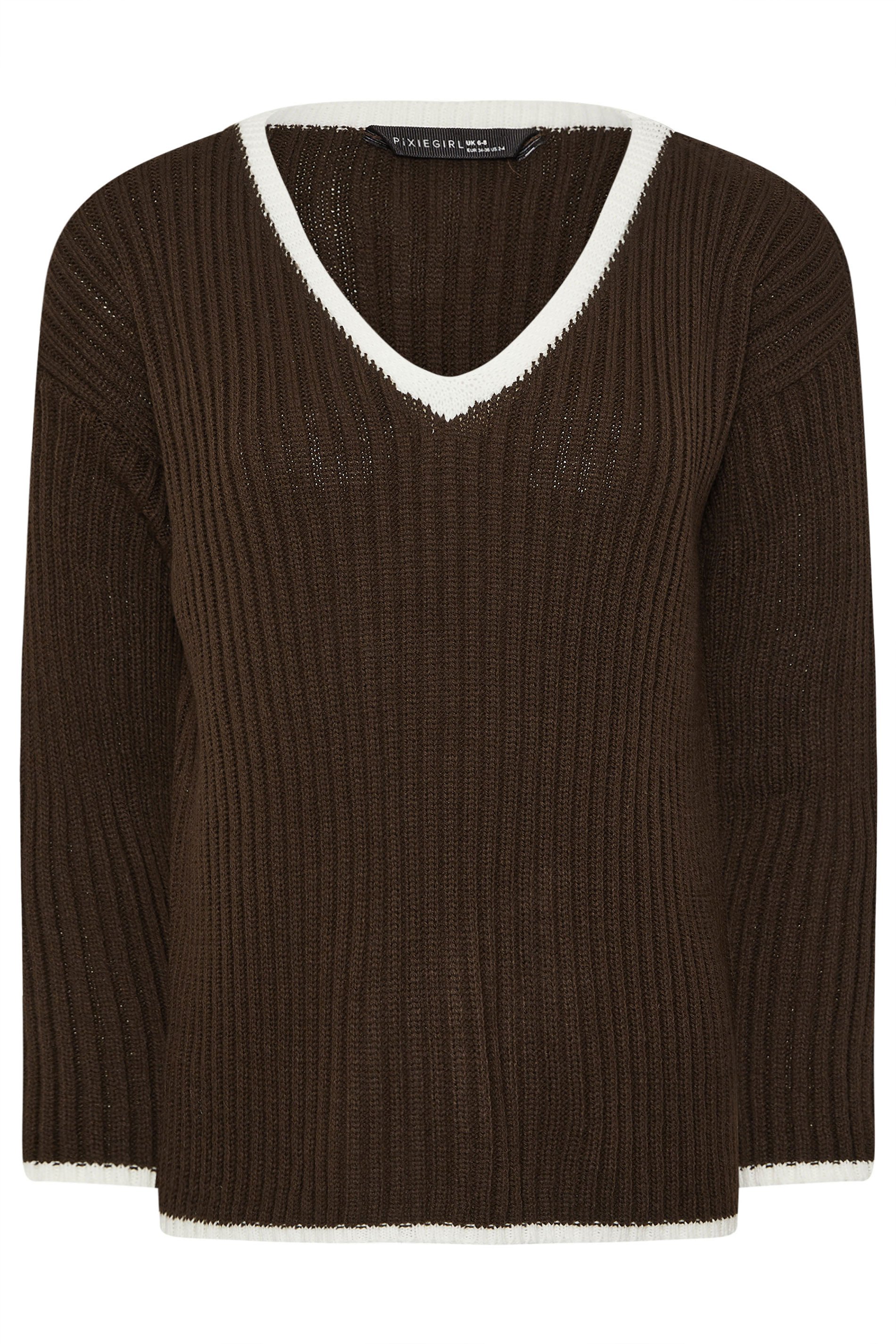 PixieGirl Petite Women's Chocolate Brown Knitted V-Neck Jumper | PixieGirl 5