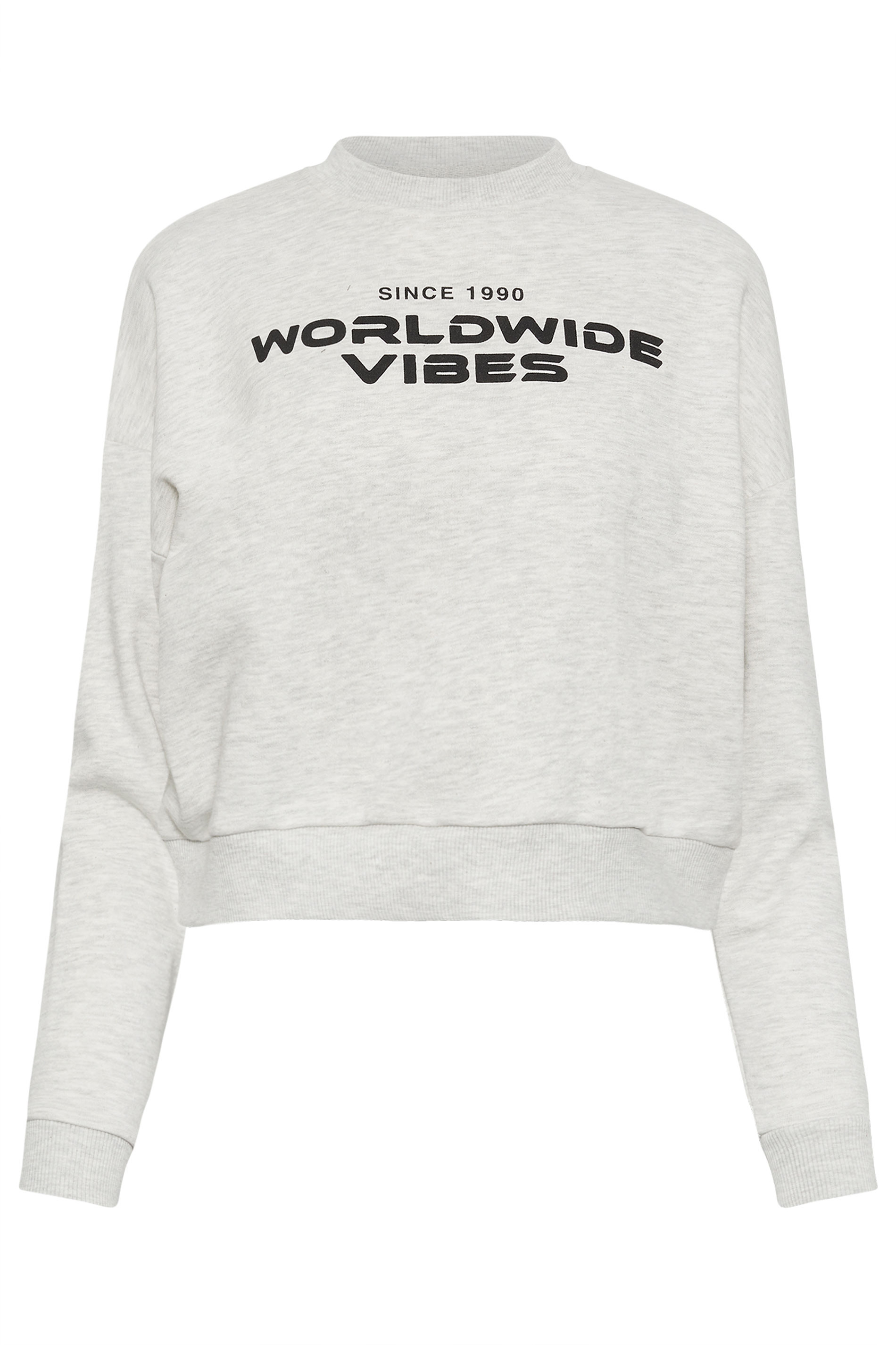 PixieGirl Petite Womens Light Grey 'Worldwide Vibes' Slogan Cropped Sweatshirt | PixieGirl 6