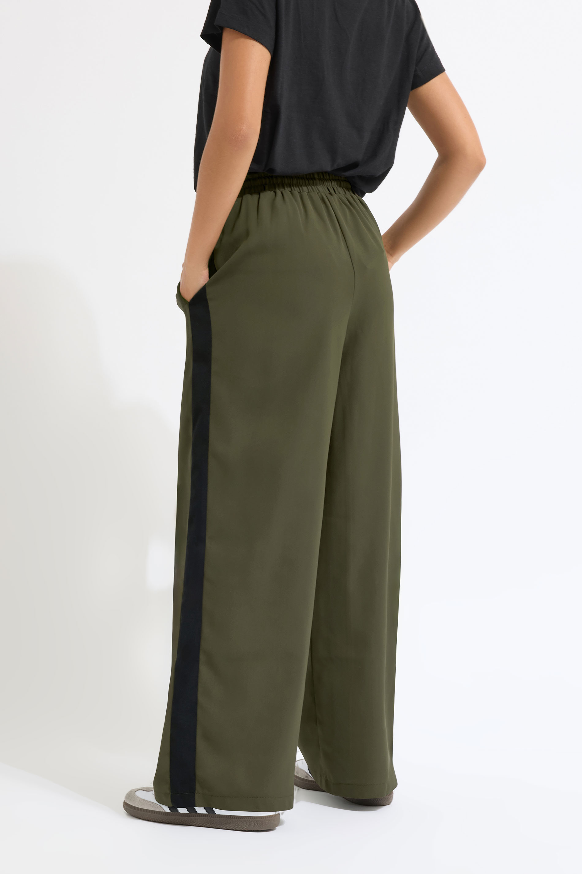 PixieGirl Petite Women's Khaki Green Striped Wide Leg Trousers | PixieGirl 3