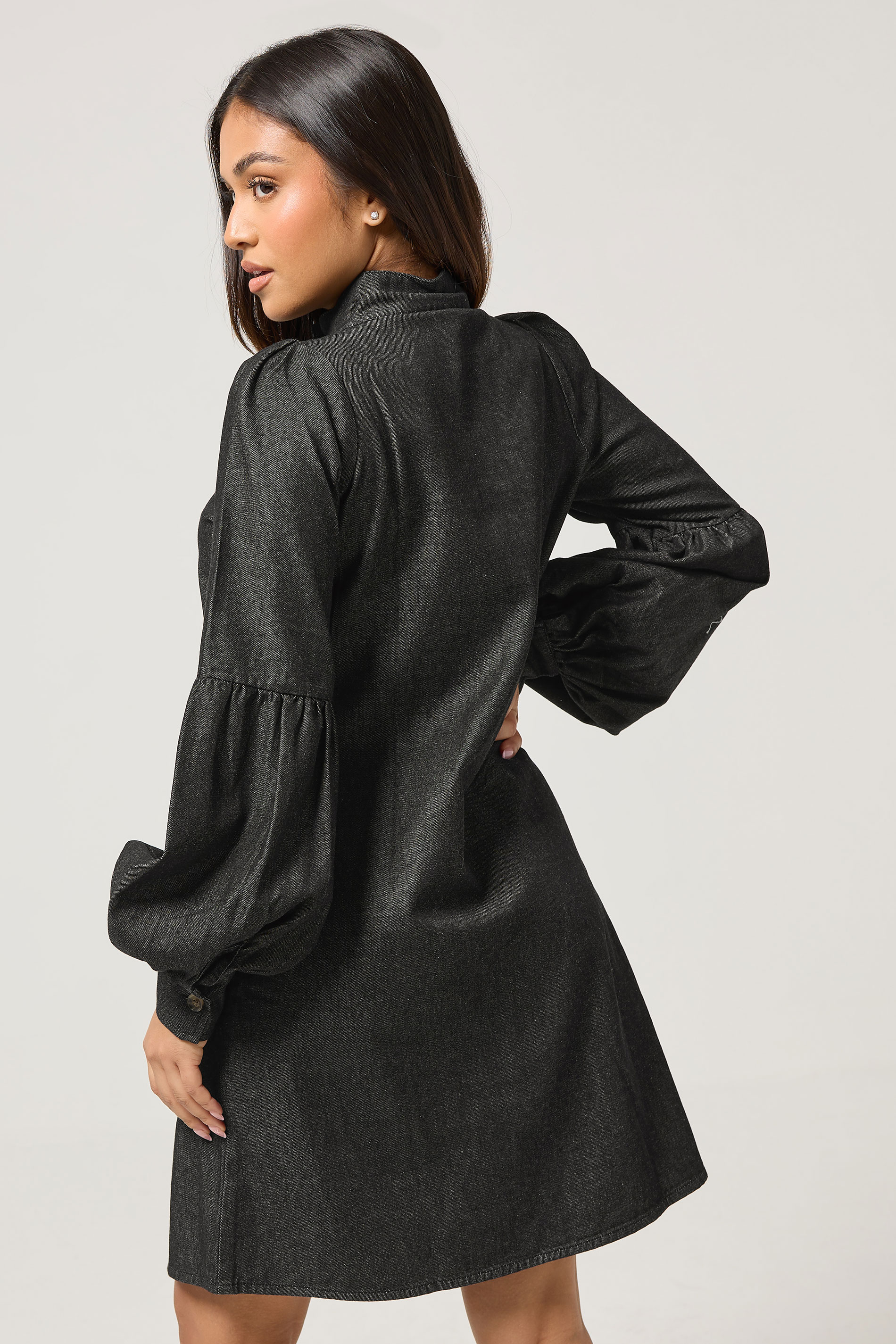 PixieGirl Petite Women's Black Denim Balloon Sleeve Shirt Dress | PixieGirl 3