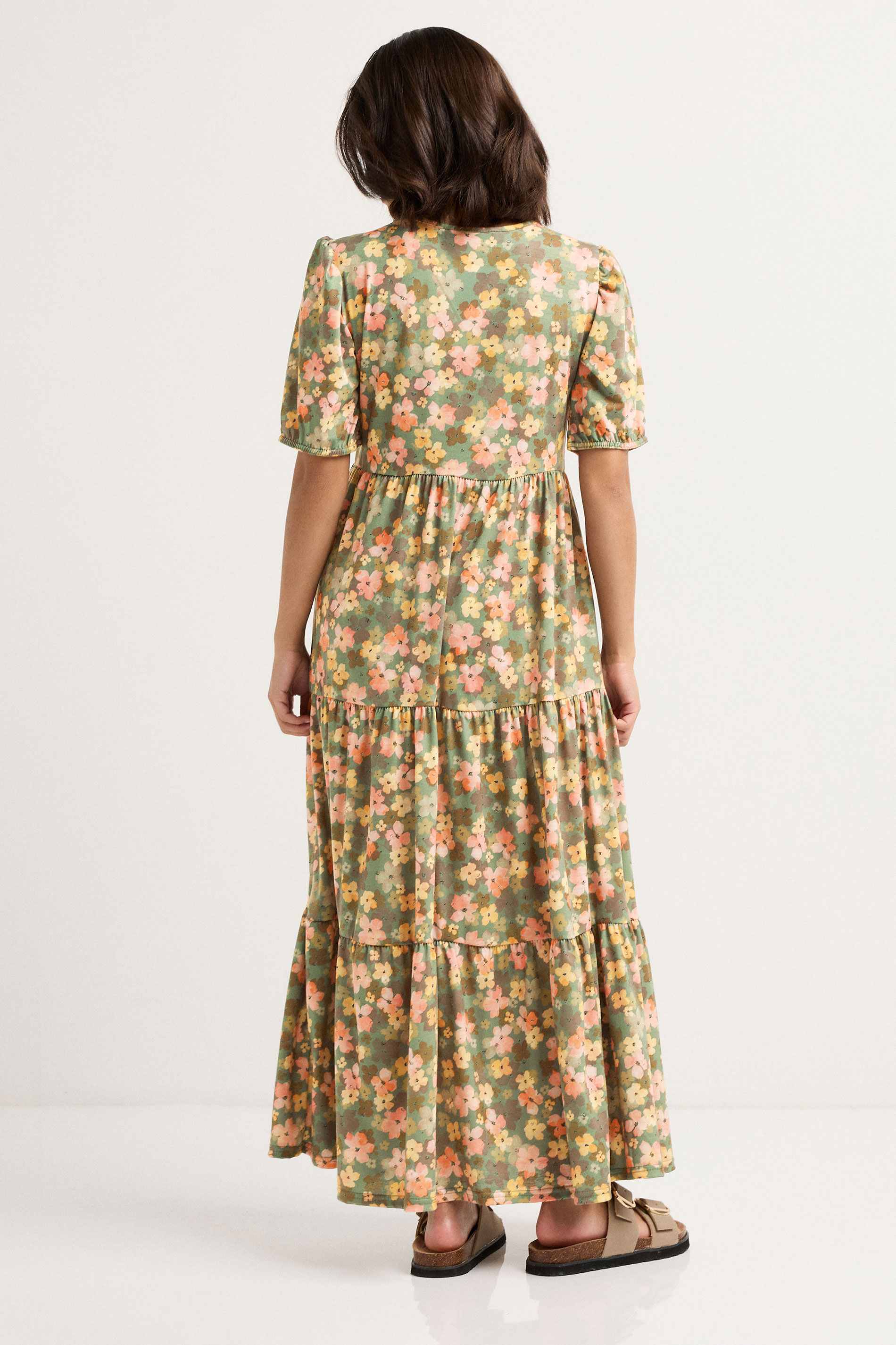 PixieGirl Petite Women's Green Floral Tiered Maxi Dress | PixieGirl 3