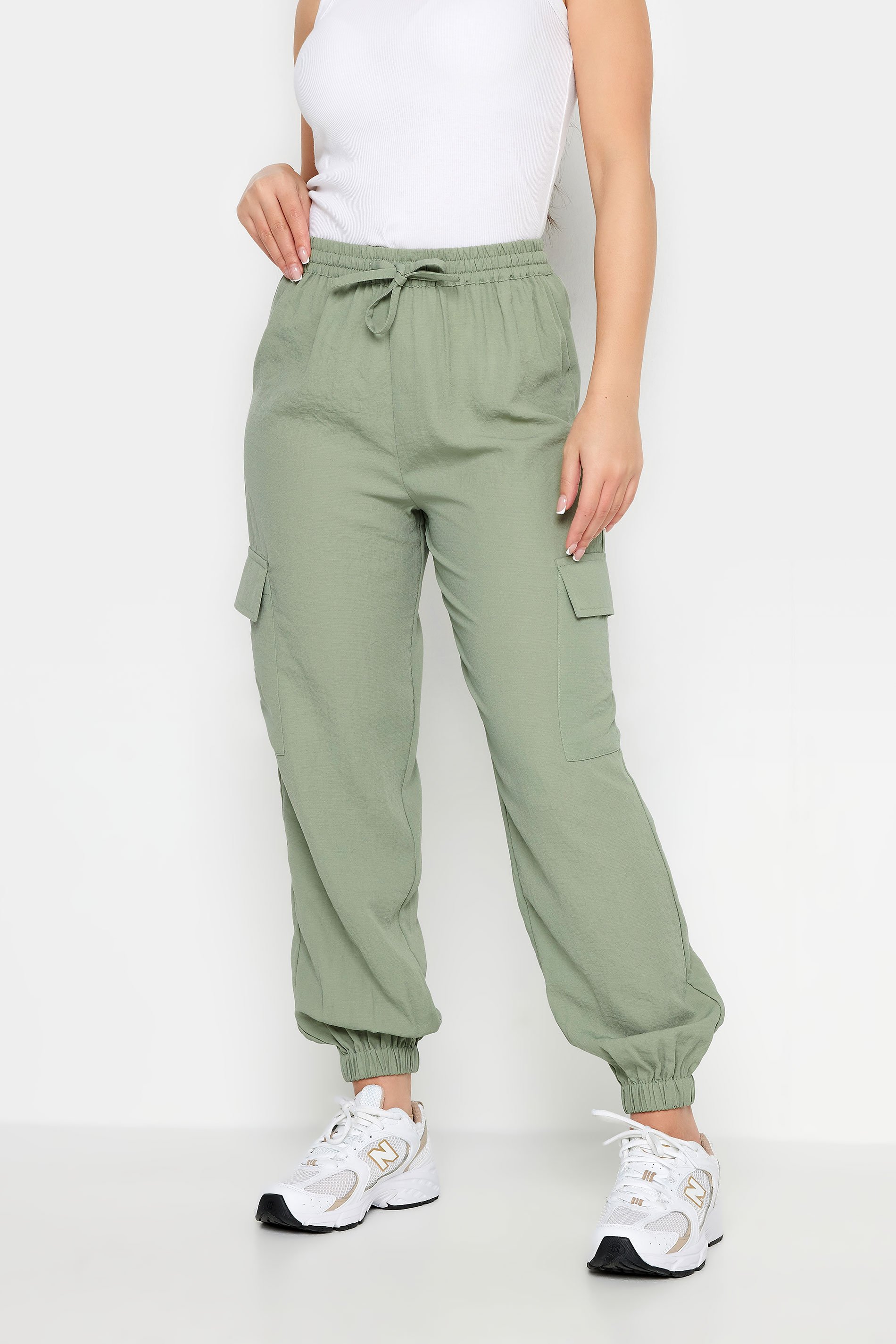 PixieGirl Petite Womens Sage Green Cuffed Cargo Trousers | PixieGirl 2