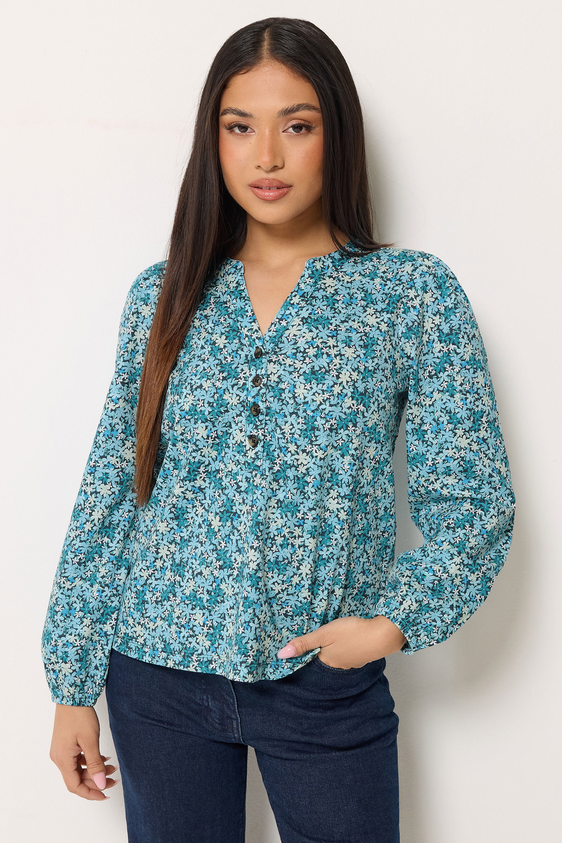 M&Co Petite Blue Ditsy Floral Cotton Blouse | M&Co 3
