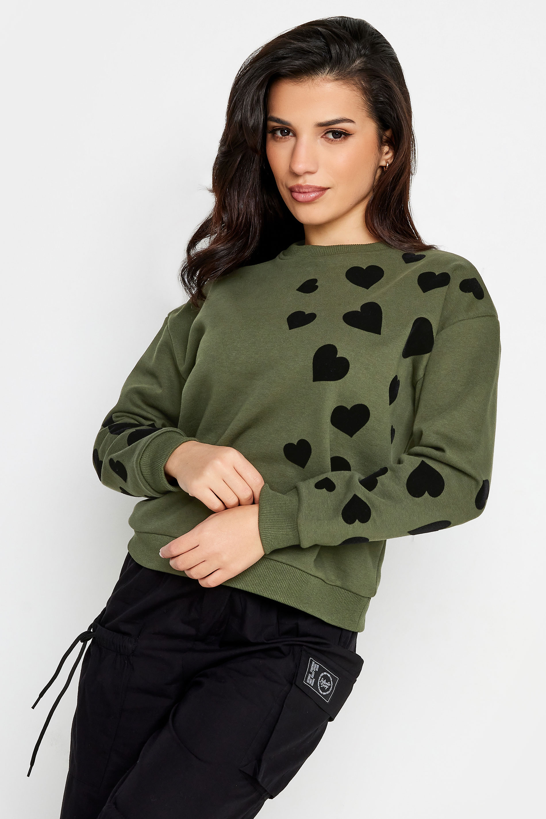 PixieGirl Khaki Green Heart Print Sweatshirt | PixieGirl  1