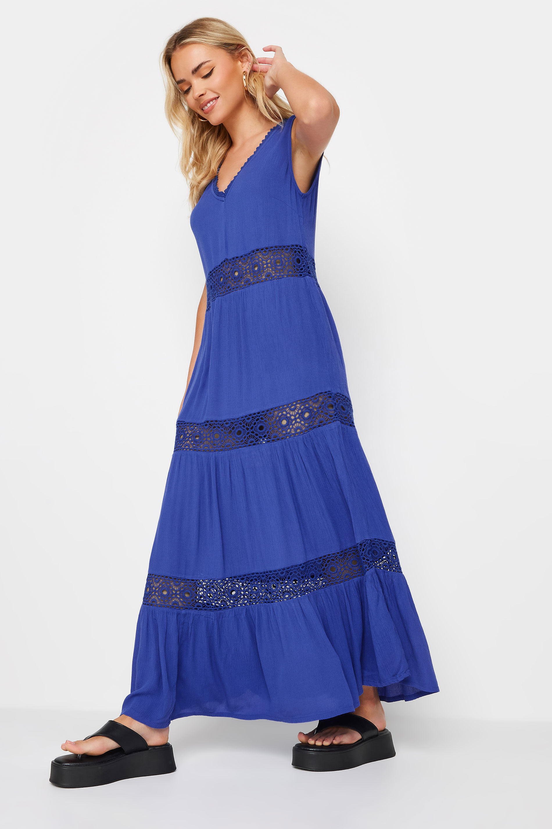 PixieGirl Petite Women's Blue Crochet Trim Tiered Maxi Dress | PixieGirl 2