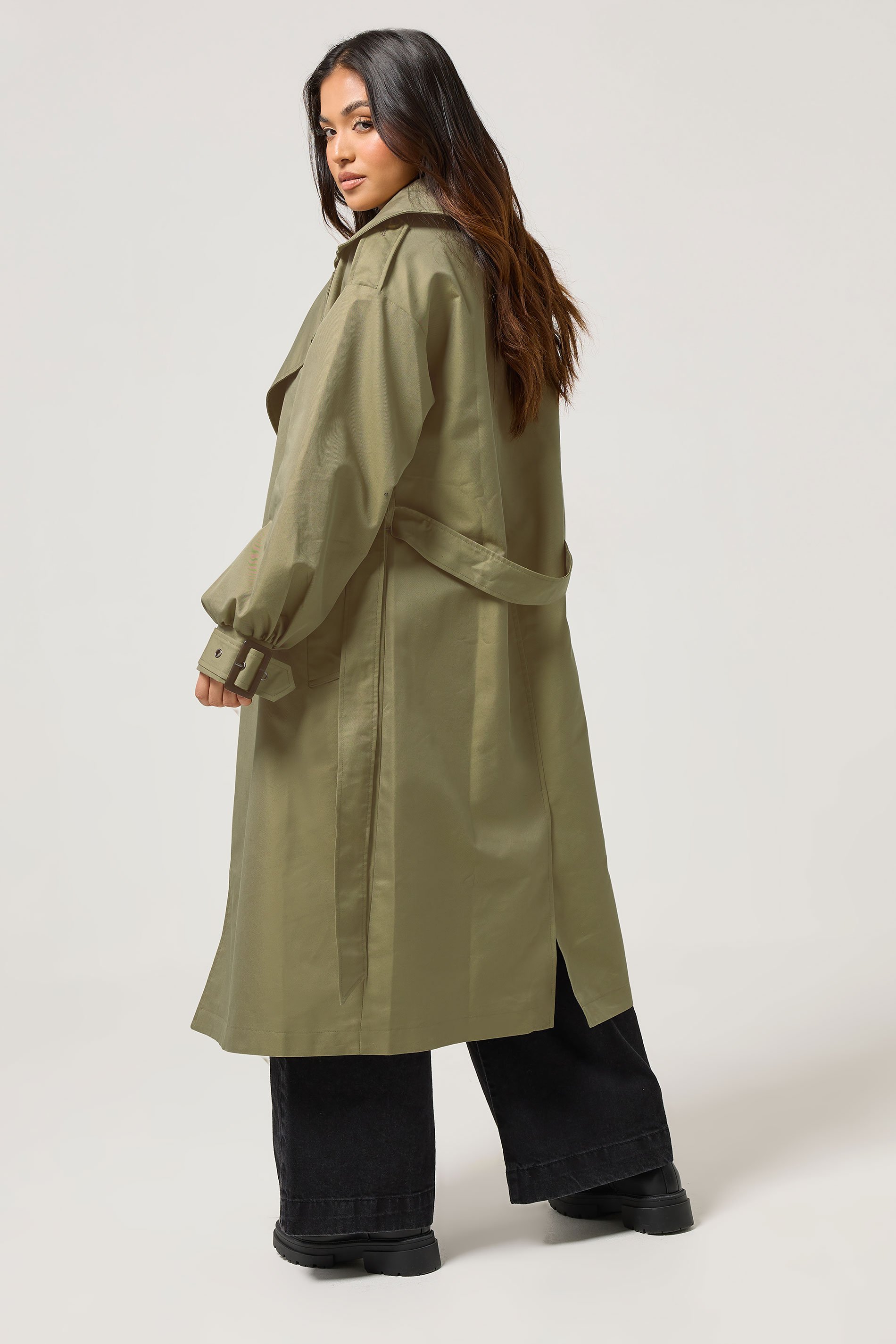 PixieGirl Petite Women's Sage Green Balloon Sleeve Buckle Trench Coat | PixieGirl 3