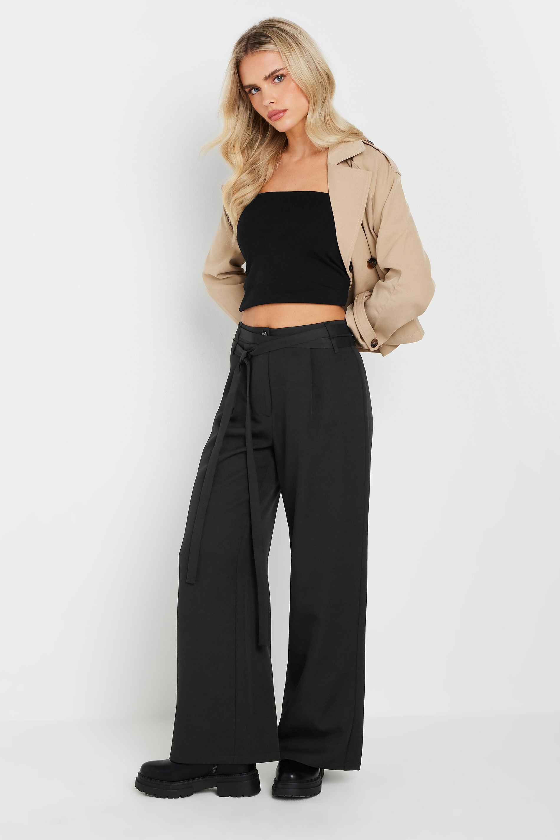 PixieGirl Petite Women's Black Wrap Belt Wide Leg Trousers | PixieGirl 1