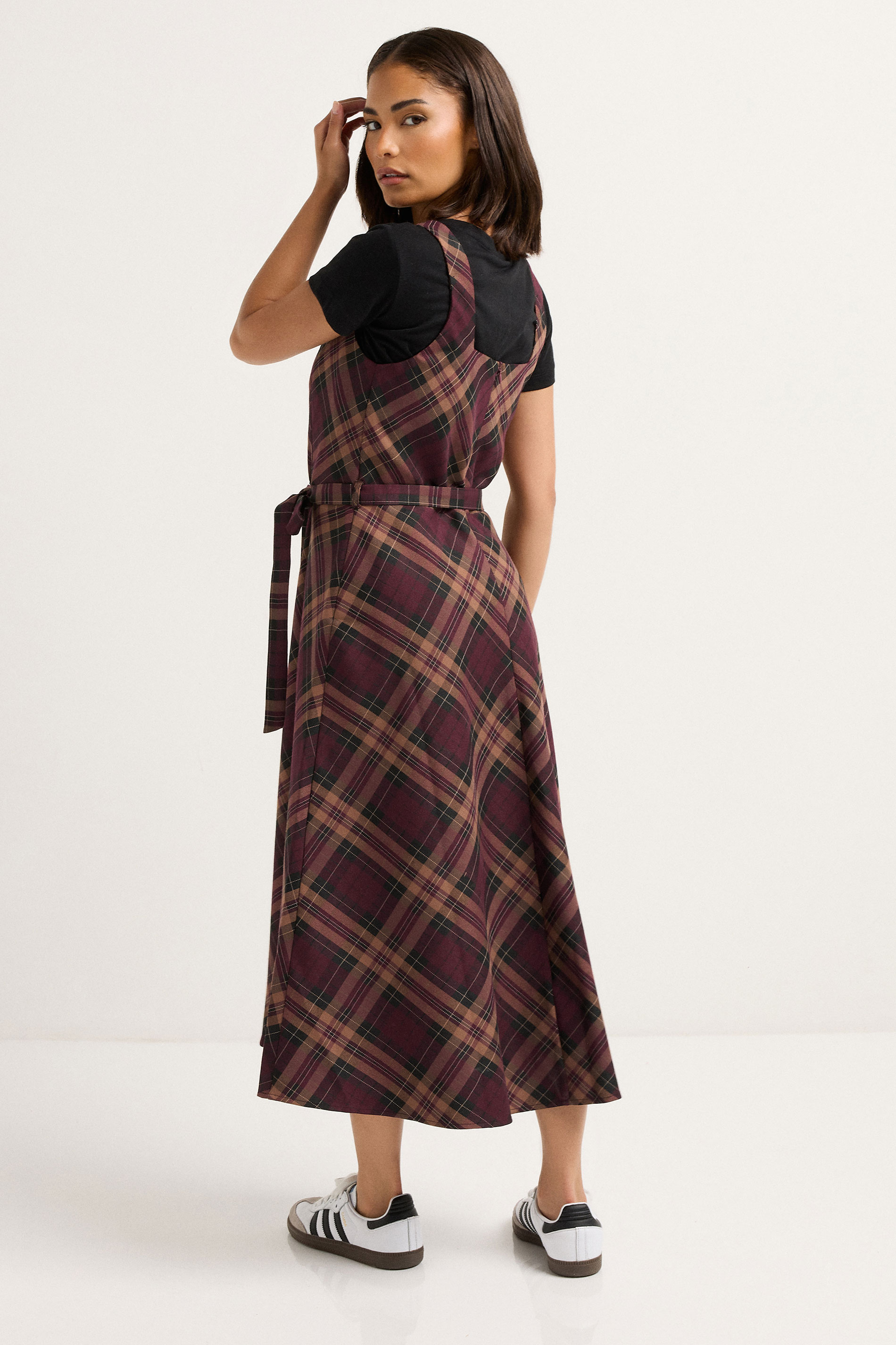 PixieGirl Petite Women's Burgundy Red Check Pinafore Midi Dress | PixieGirl 5