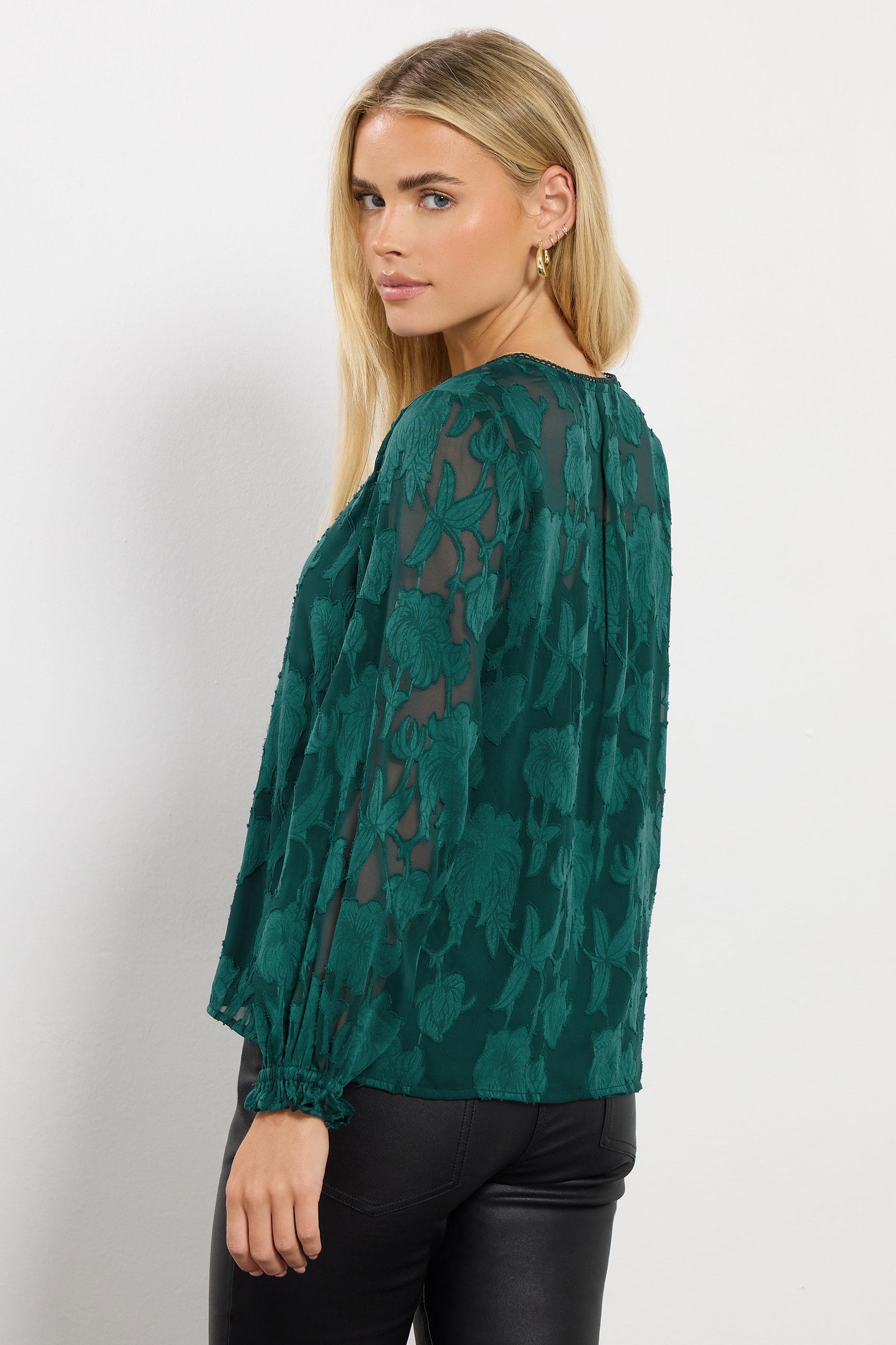 M&Co Petite Teal Green Floral Jacquard V-Neck Blouse | M&Co 5