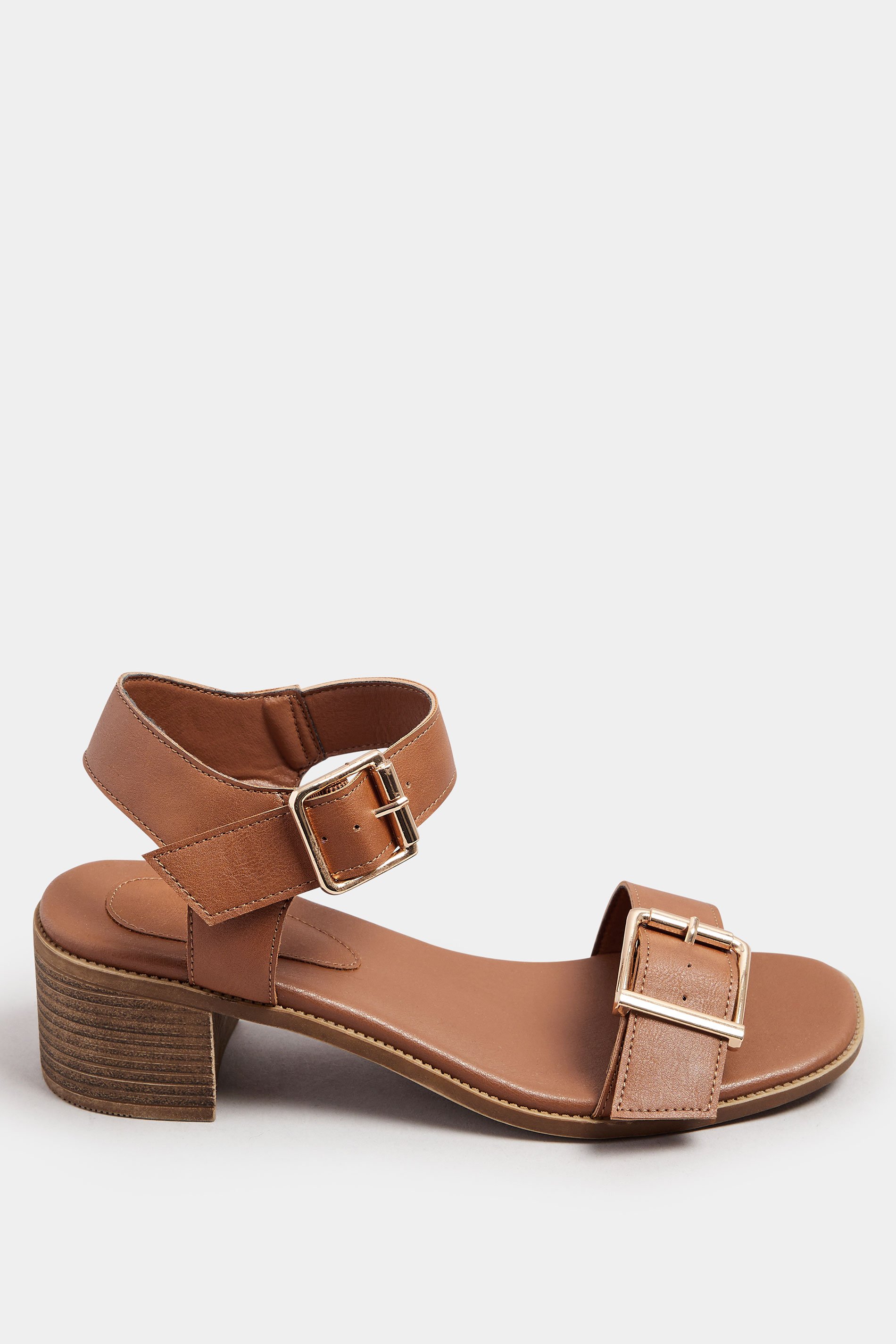 Brown Faux Leather Buckle Block Heel Sandals In Extra Wide EEE Fit | Yours Clothing 3