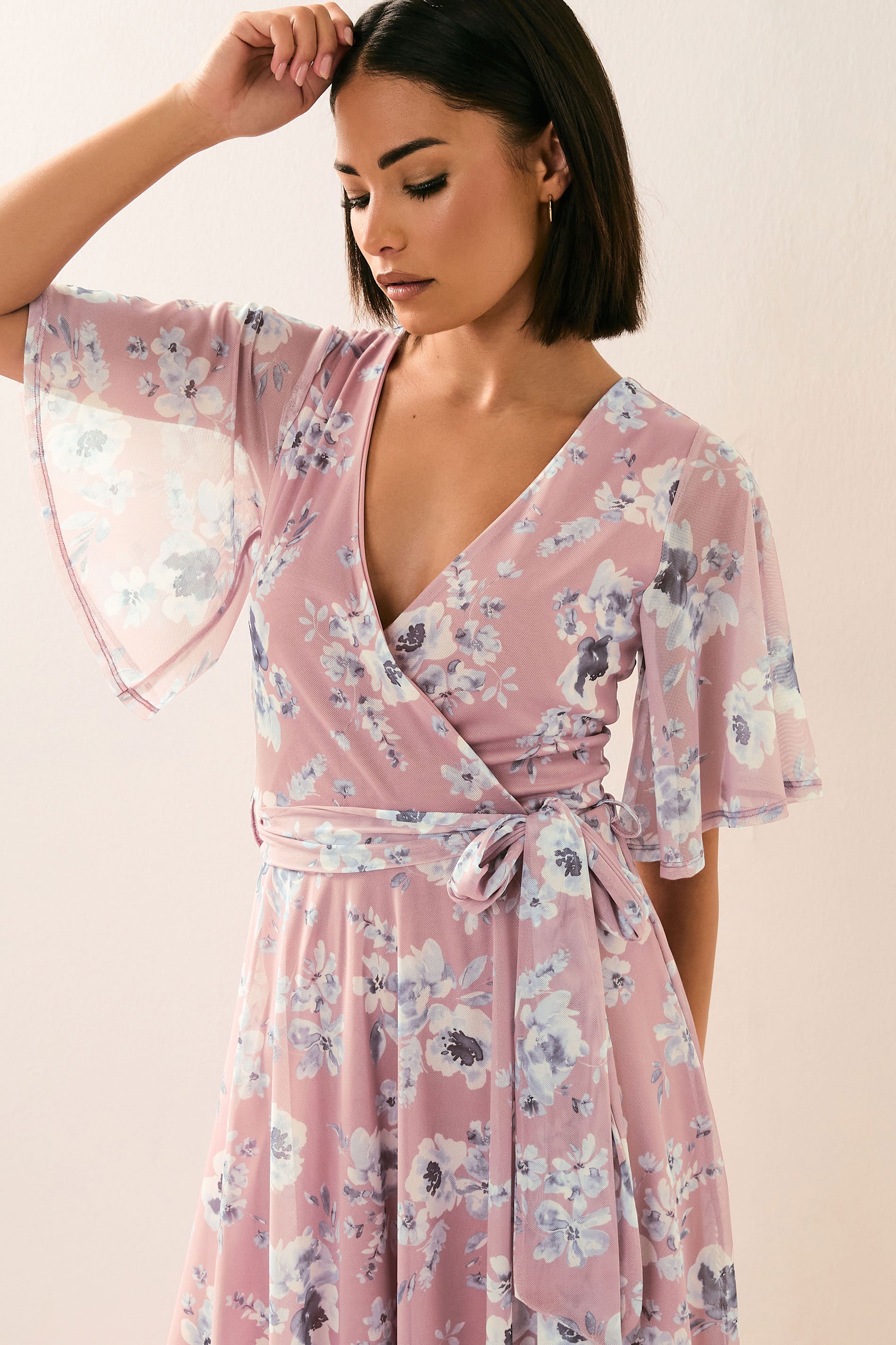 PixieGirl Petite Women's Blush Pink Mesh Floral Wrap Midi Dress | PixieGirl 4