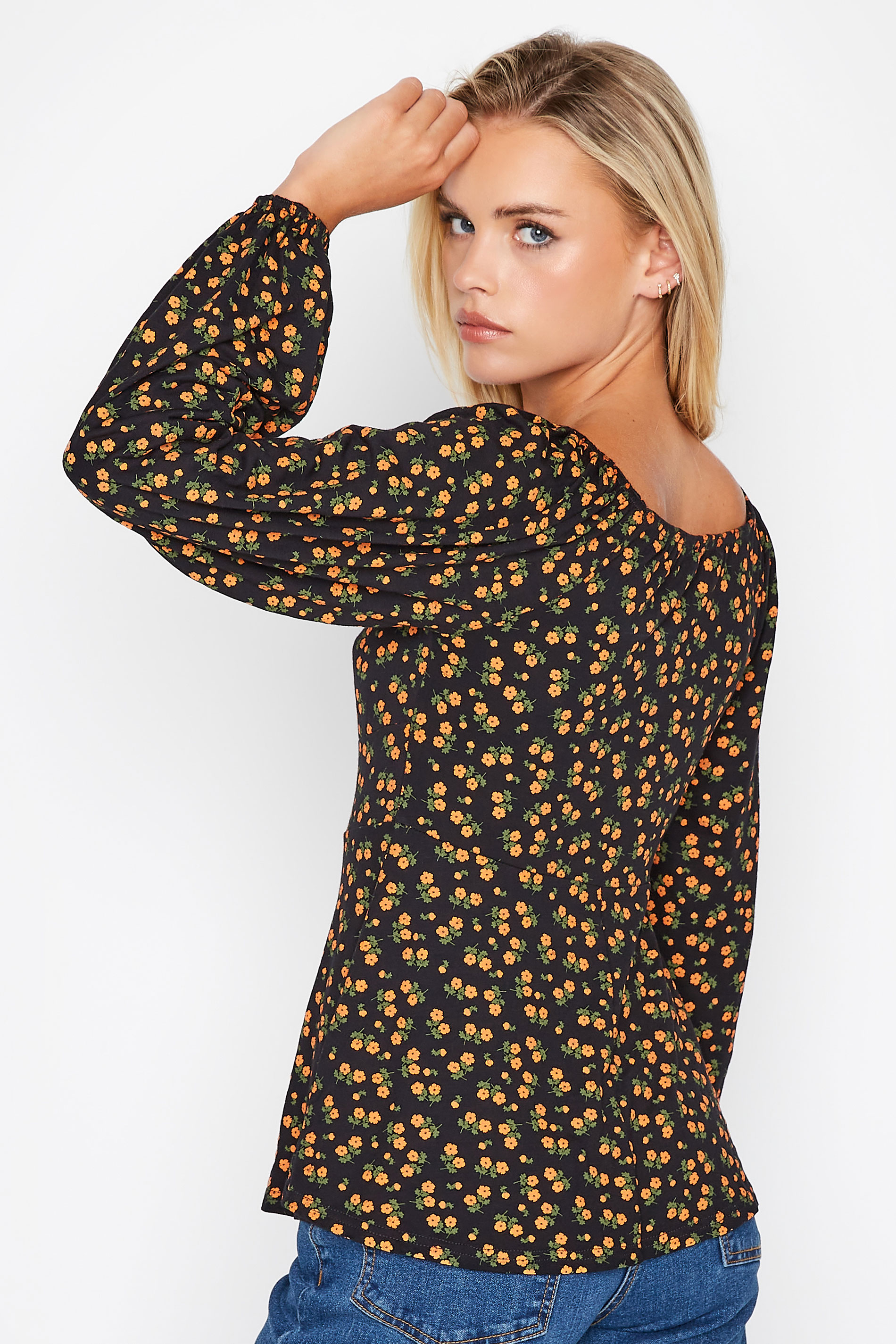 Petite Black & Yellow Ditsy Print Ruched Top | PixieGirl 2