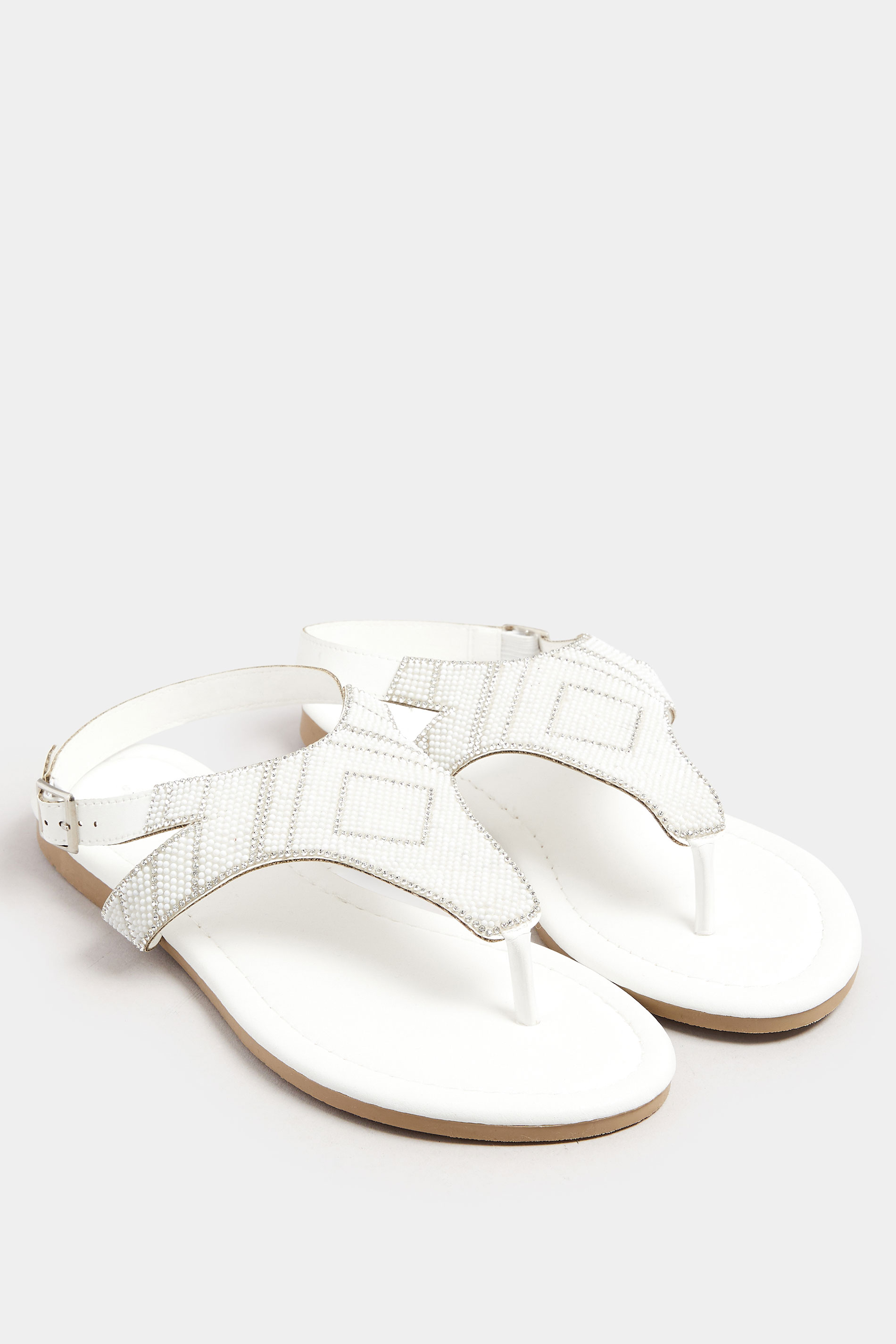 White Embellished T-Bar Sandals In Wide E & Extra Wide EEE Fit | Yours Clothing 2