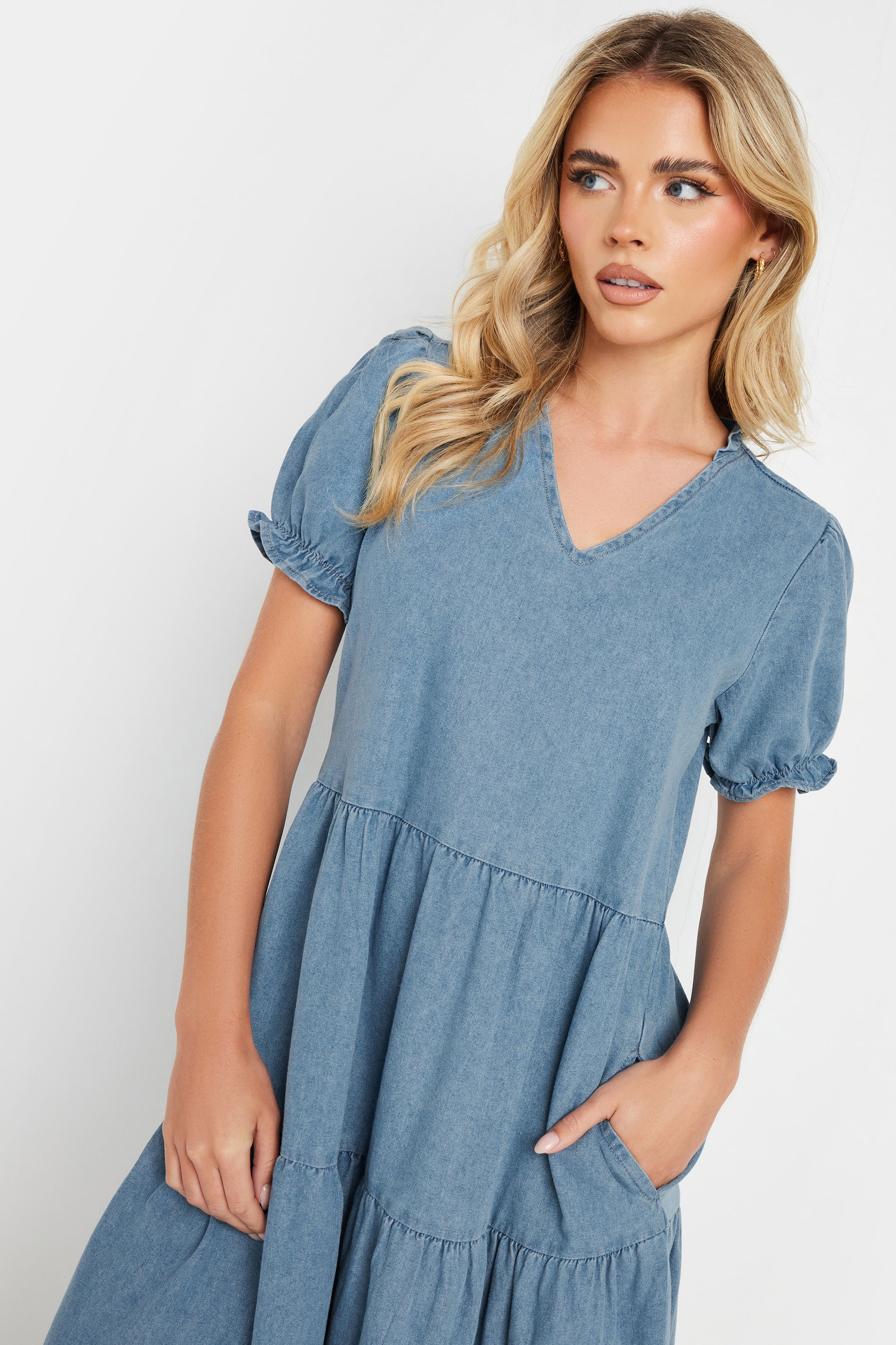 PixieGirl Petite Women's Light Blue Denim Frill Tiered Midi Dress | PixieGirl 5