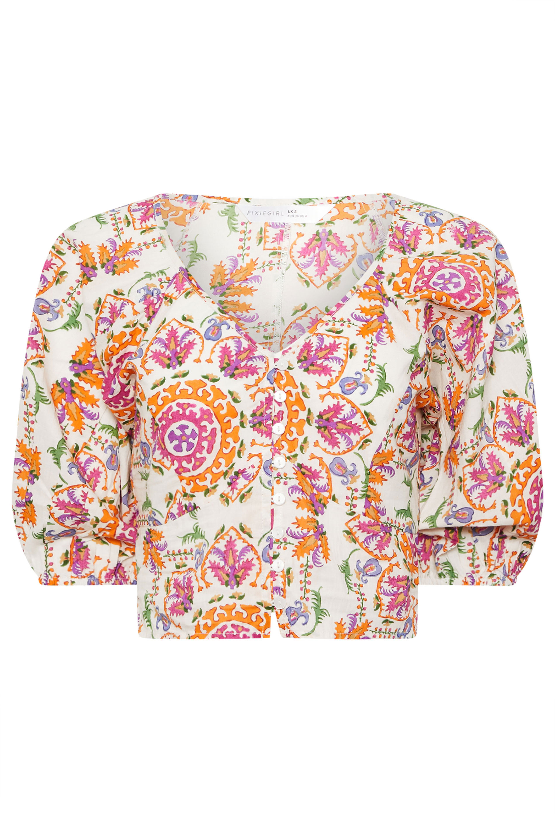 PixieGirl Petite Women's White Abstract Tile Puff Sleeve Top | PixieGirl 7