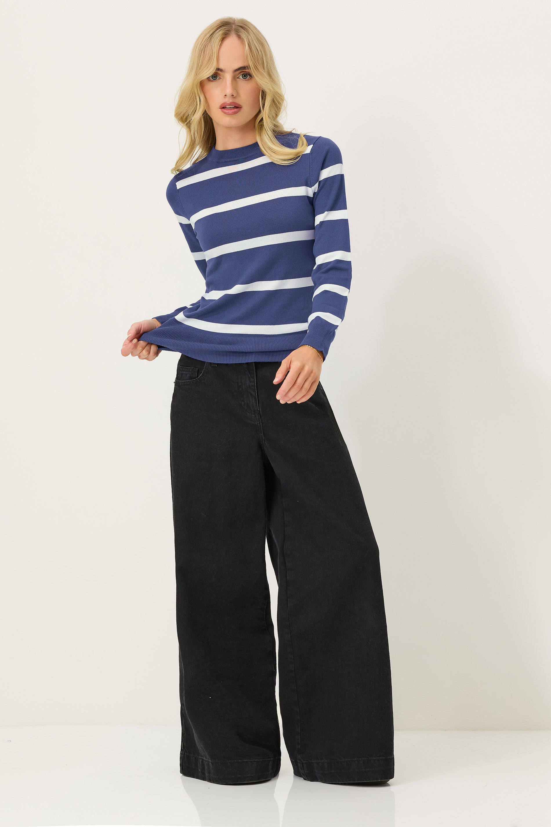 PixieGirl Petite Women's Navy Blue Knitted Stripe Jumper | PixieGirl 2